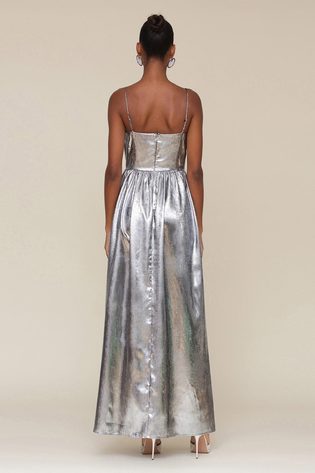 Spaghetti Strap Sweetheart Metallic Silver Long Maxi Dress - Party, Holiday NYE Dresses by Avec Les Filles