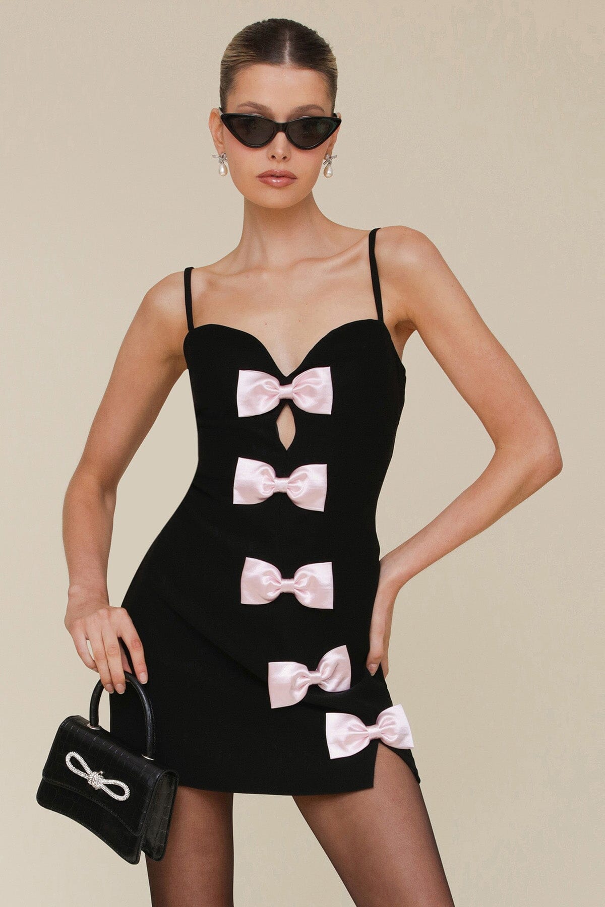 Black-Pink Bow Embellished Sweetheart Mini Dress with spaghetti straps - Cute designer dresses by Avec Les Filles