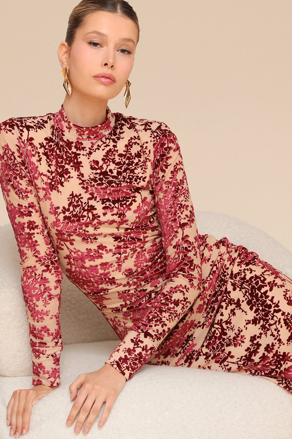 Burgundy floral velvet ruched bodycon midi dress with long sleeves and mock neckline - Cute women's midi dresses by Avec Les Filles