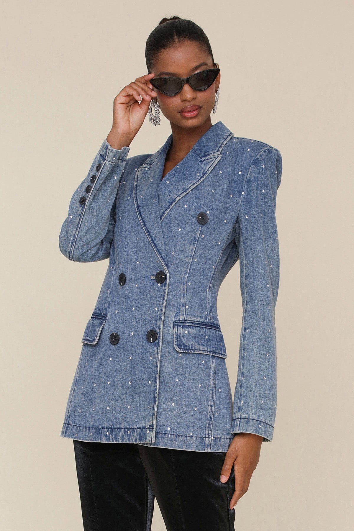Blue Rhinestone Denim Double Breasted Blazer with shoulder pads and flap pockets - Cute women's coats & jackets by Avec Les Filles