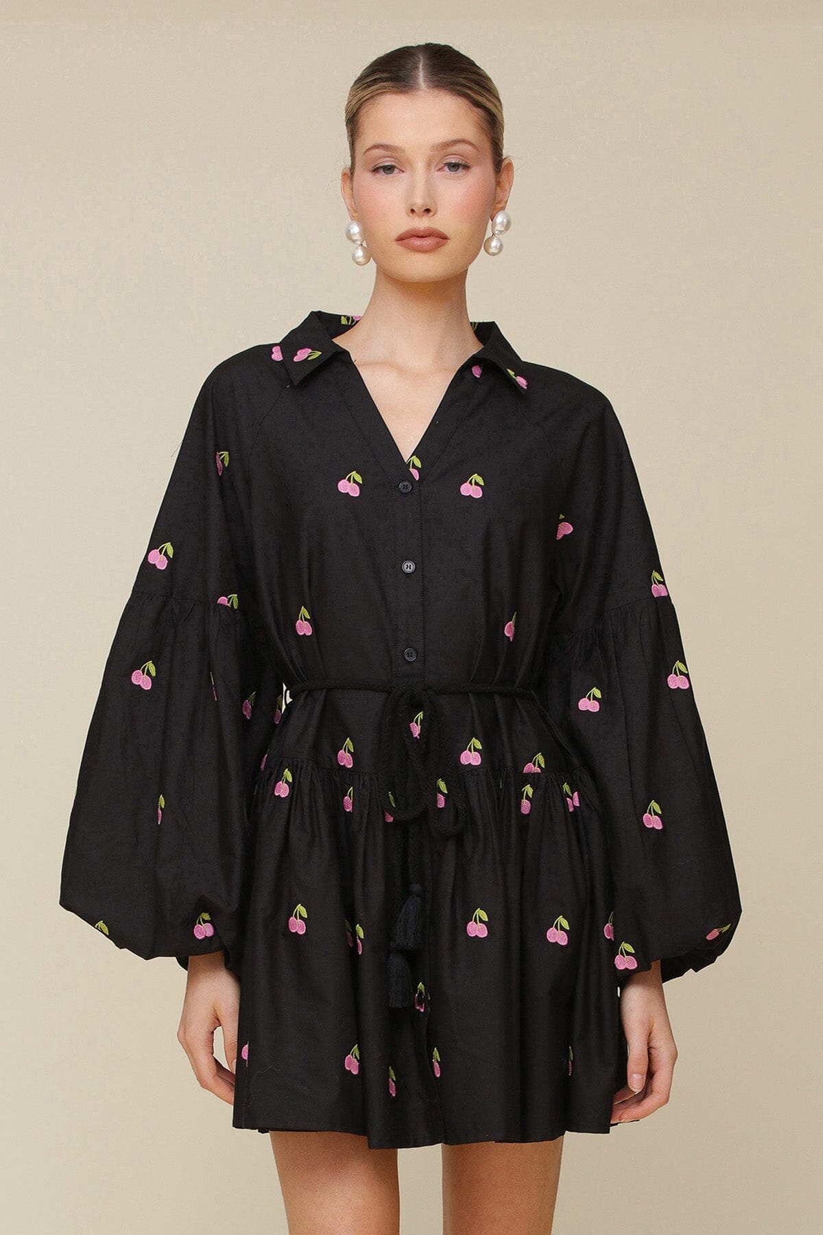 Cherry Embroidered Cotton Balloon Sleeve Mini Dress Dresses Avec Les Filles Black 2 