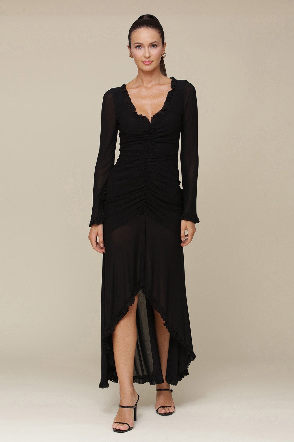 Black Ruched Mesh High Low Long Maxi Dress made of semi-sheer mesh fabric with deep V neck - Cute women's dresses by Avec Les Filles