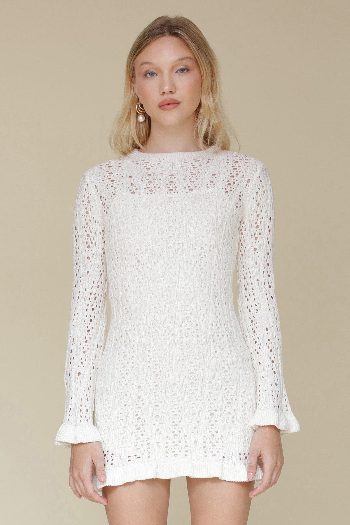 White Crochet Cotton Ruffle Trim Mini Dress with ruffle trim, flared sleeves and interior slip lining - Cute women's dresses by Avec Les Filles