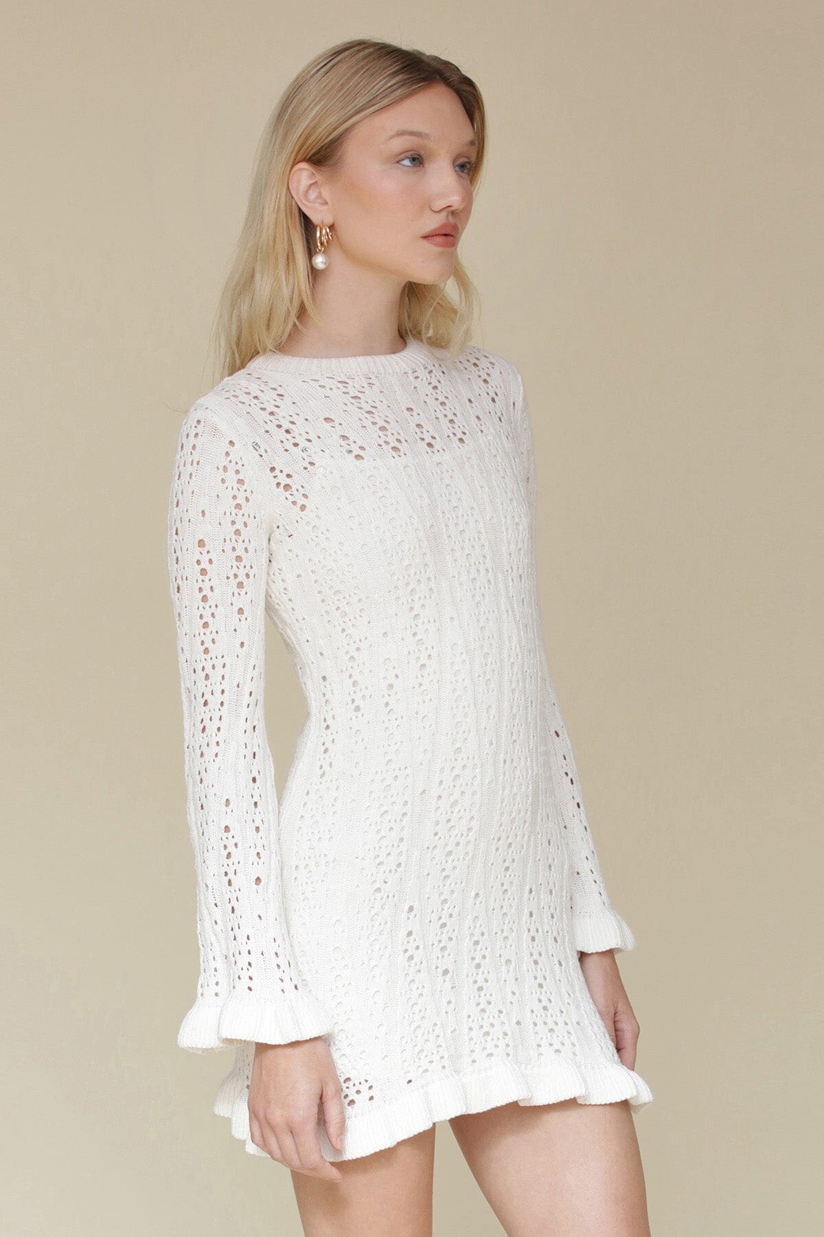 White Crochet Cotton Ruffle Trim Mini Dress with ruffle trim, flared sleeves and interior slip lining - Cute women's dresses by Avec Les Filles