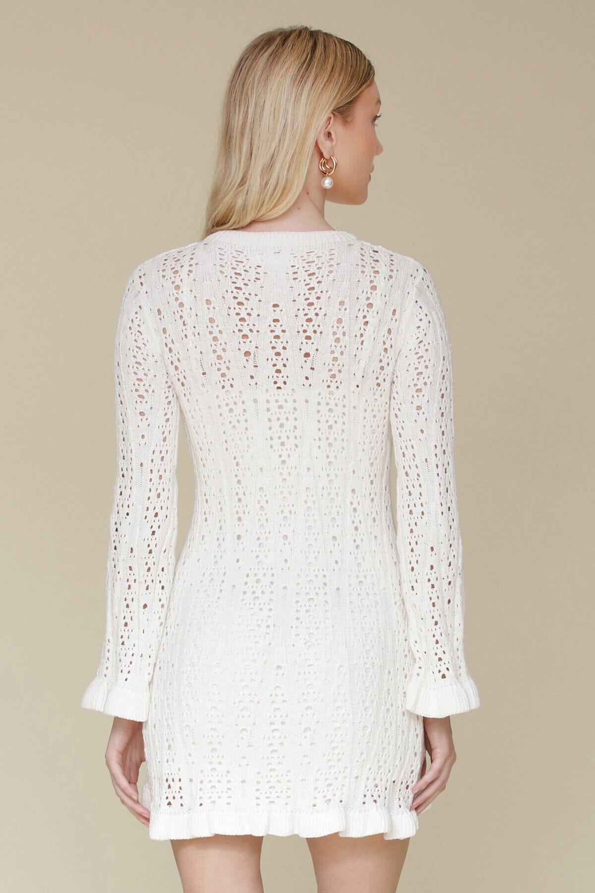 White Crochet Cotton Ruffle Trim Mini Dress with ruffle trim, flared sleeves and interior slip lining - Cute women's dresses by Avec Les Filles