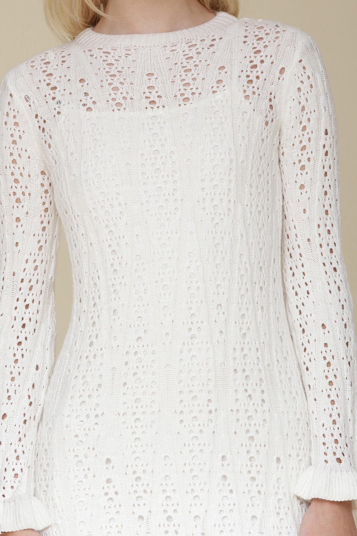 White Crochet Cotton Ruffle Trim Mini Dress with ruffle trim, flared sleeves and interior slip lining - Cute women's dresses by Avec Les Filles
