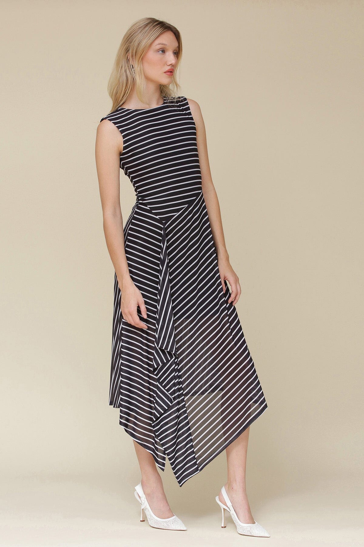 Black white striped asymmetric jersey wrap midi dress with crewneck, back zipper closure and faux wrap-front - Cute women's dresses by Avec Les Filles