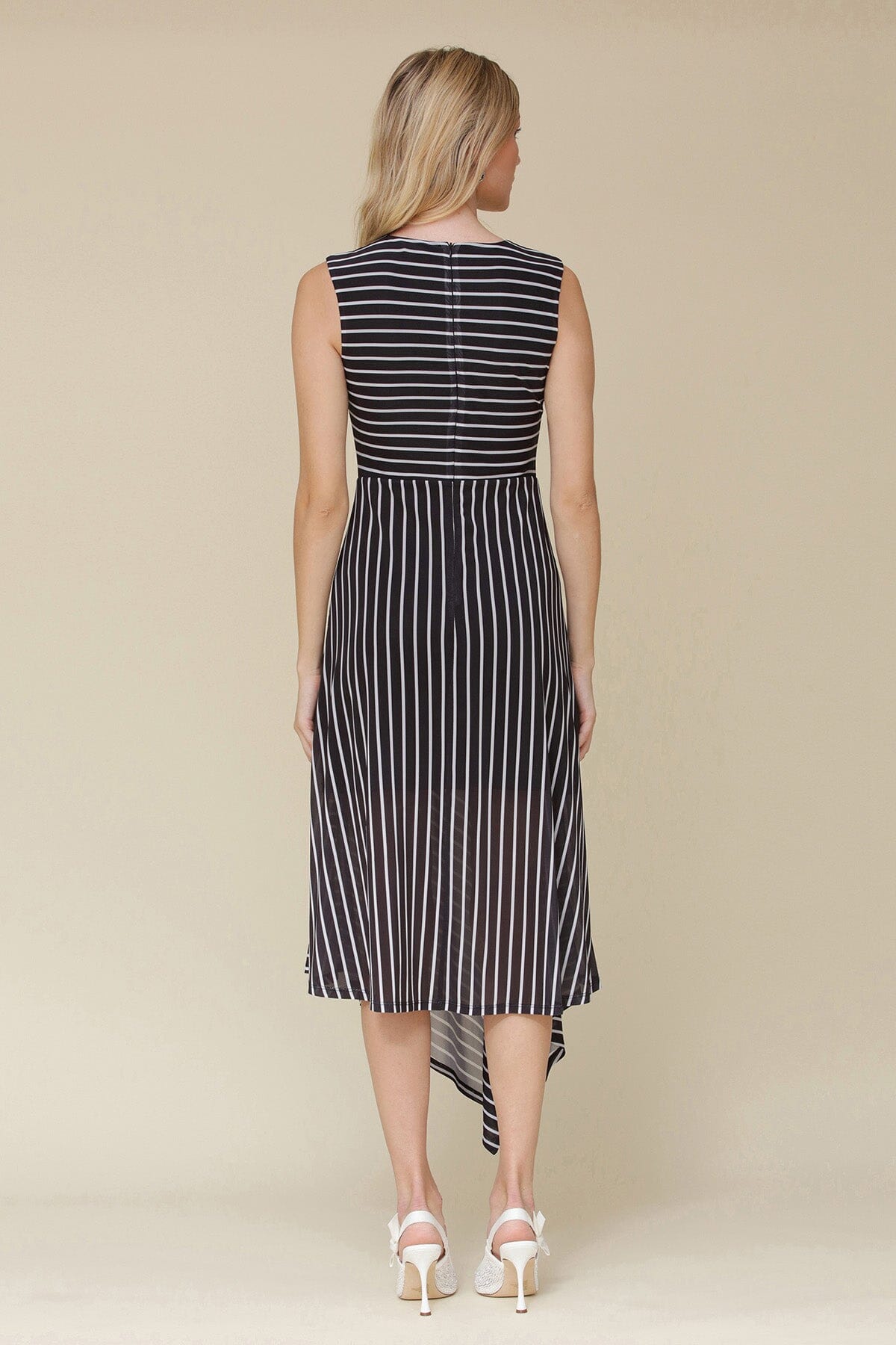 Black white striped asymmetric jersey wrap midi dress with crewneck, back zipper closure and faux wrap-front - Cute women's dresses by Avec Les Filles