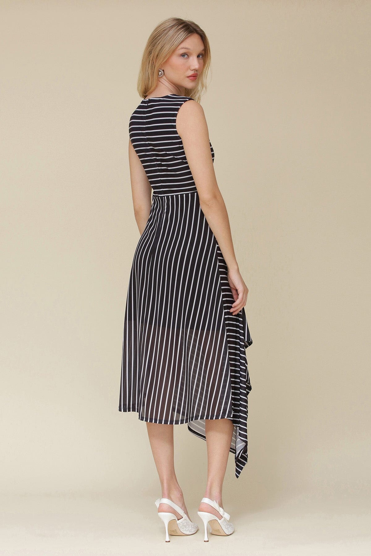 Black white striped asymmetric jersey wrap midi dress with crewneck, back zipper closure and faux wrap-front - Cute women's dresses by Avec Les Filles