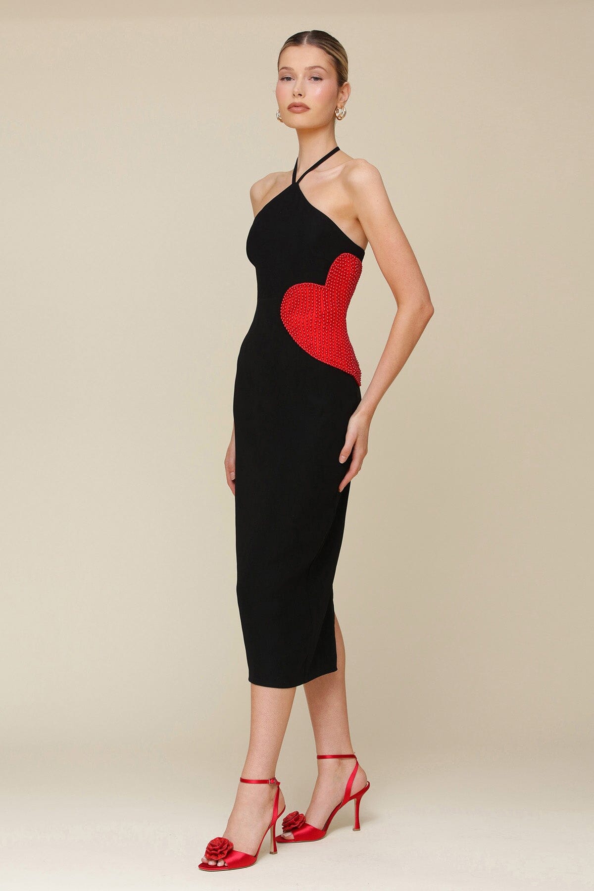 Black Halter Red Heart Appliqué Sheath Midi Dress with a sleek halter tie neckline and bodycon fit - Cute women's dresses by Avec Les Filles