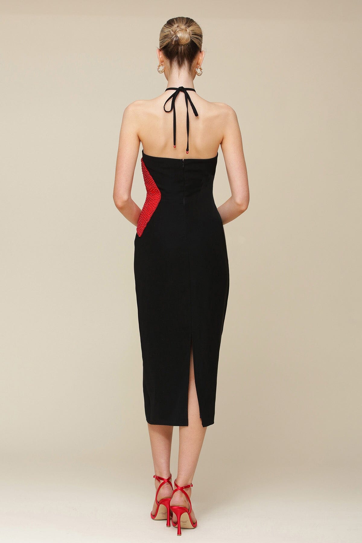Black Halter Red Heart Appliqué Sheath Midi Dress with a sleek halter tie neckline and bodycon fit - Cute women's dresses by Avec Les Filles