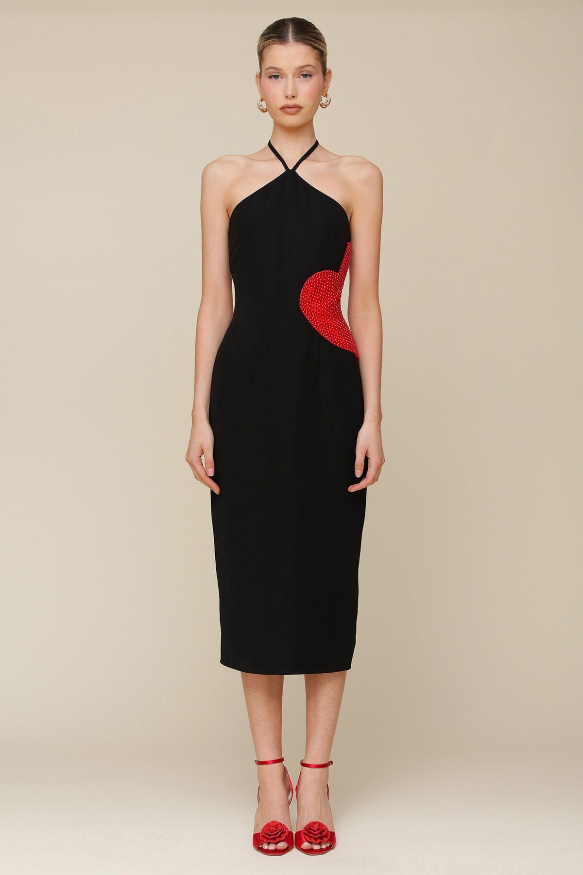 Black Halter Red Heart Appliqué Sheath Midi Dress with a sleek halter tie neckline and bodycon fit - Cute women's dresses by Avec Les Filles