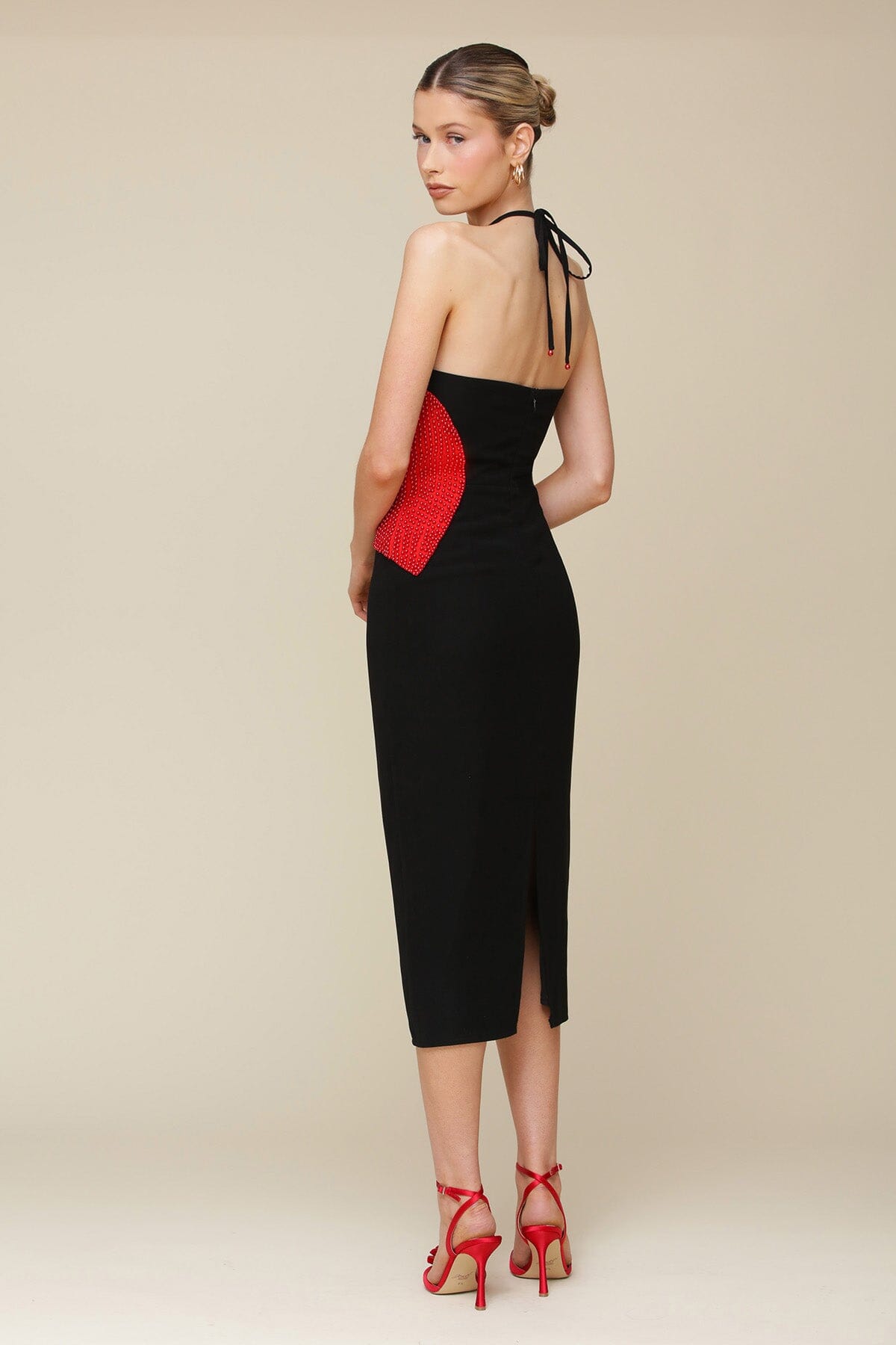 Black Halter Red Heart Appliqué Sheath Midi Dress with a sleek halter tie neckline and bodycon fit - Cute women's dresses by Avec Les Filles