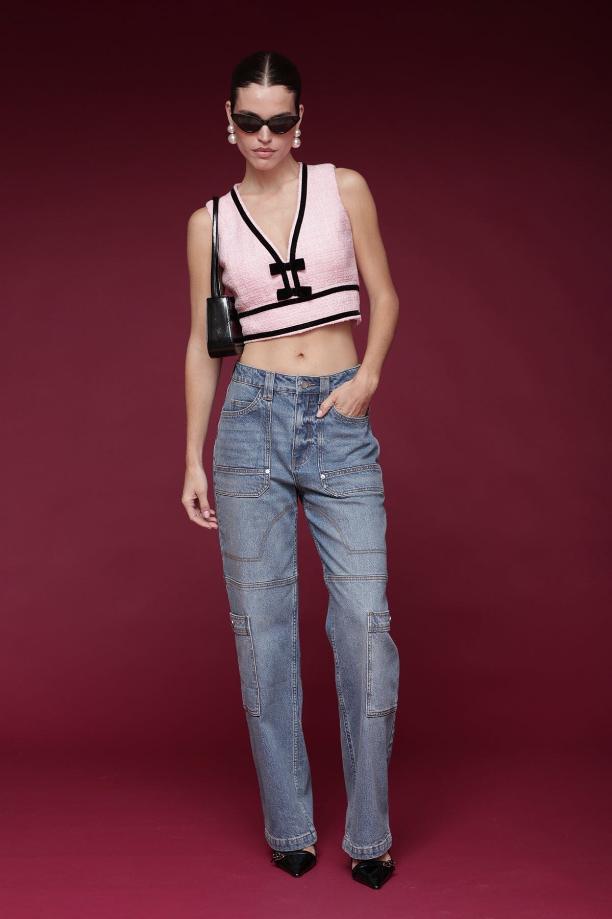 Straight leg carpenter high-rise light indigo cotton cargo jeans with five-pocket styling and button closure - Shop designer cargo jeans by Avec Les Filles