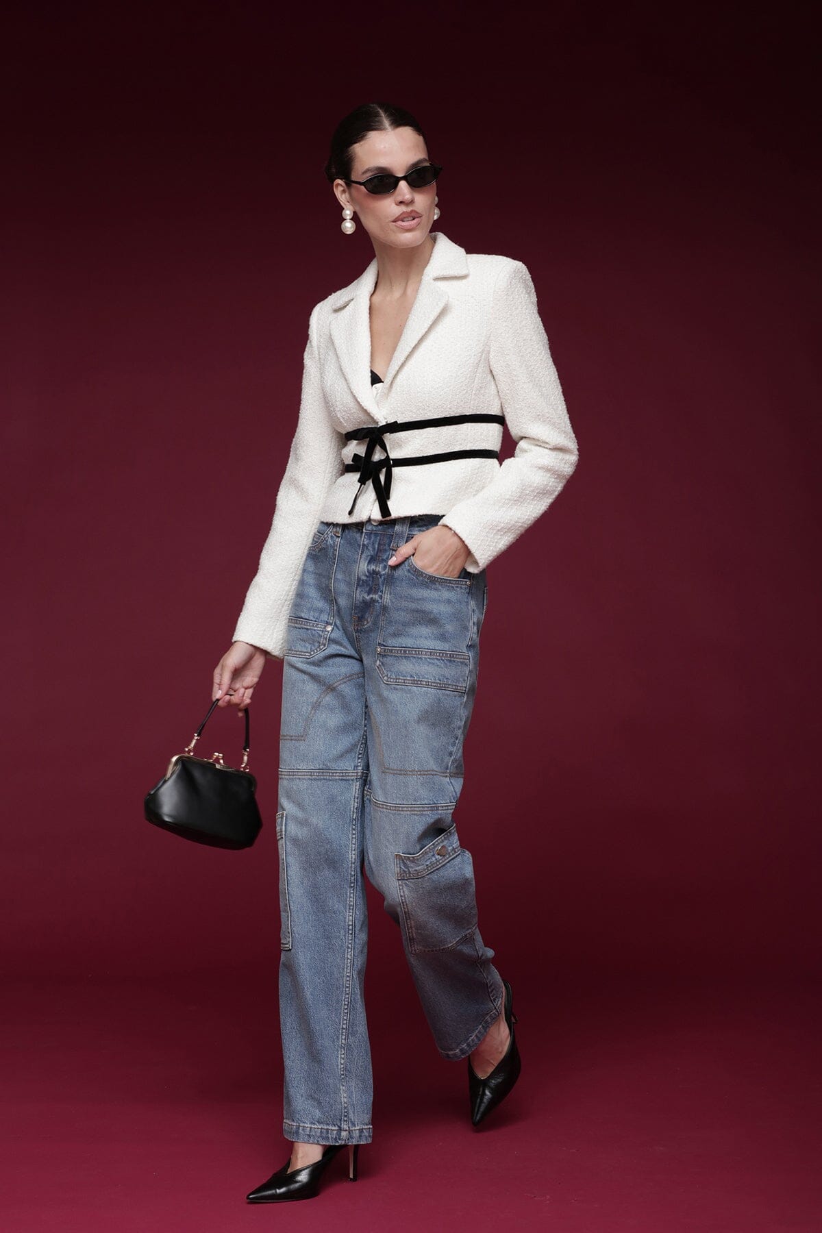 Straight leg carpenter high-rise light indigo cotton cargo jeans with five-pocket styling and button closure - Shop designer cargo jeans by Avec Les Filles