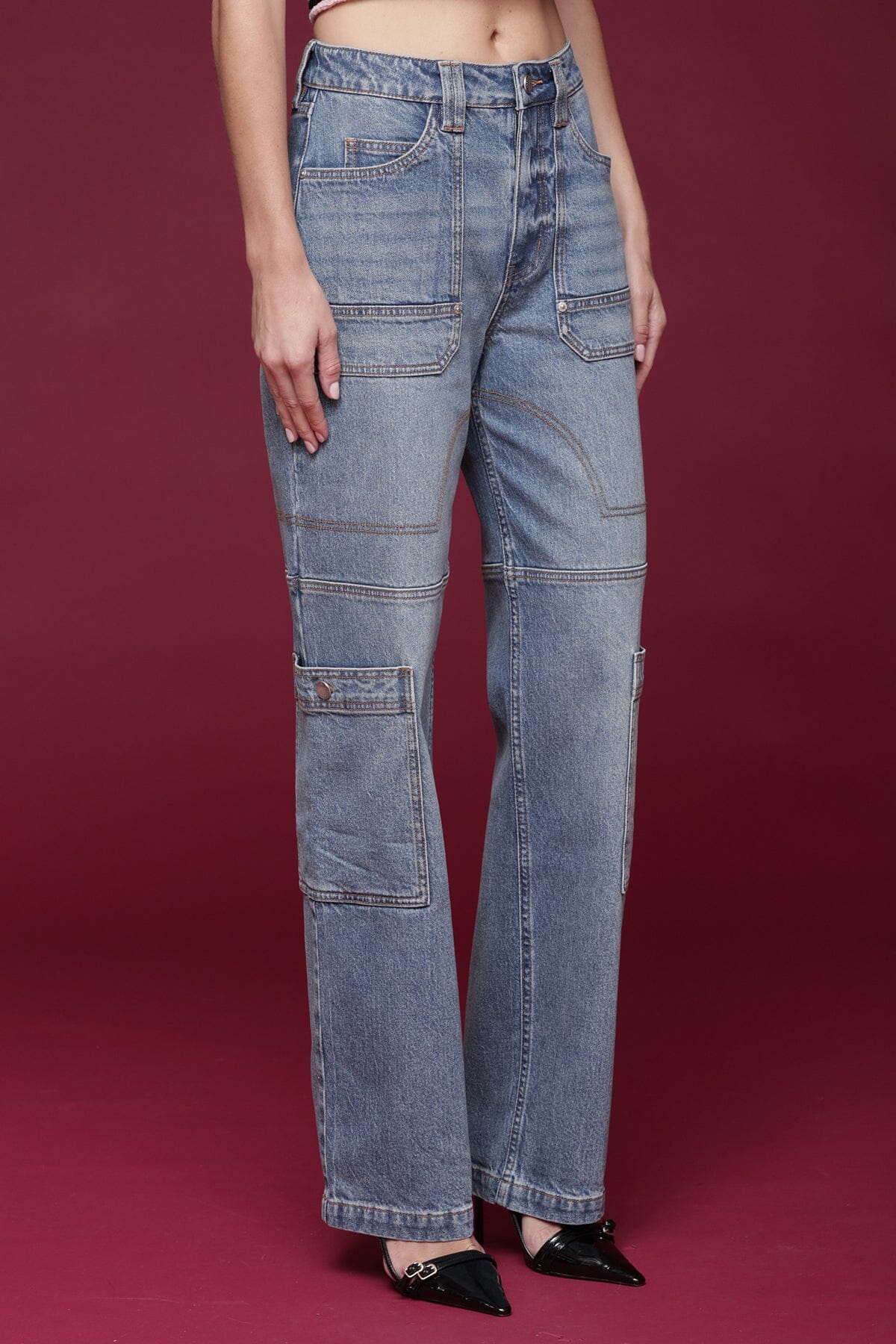Straight leg carpenter high-rise light indigo cotton cargo jeans with five-pocket styling and button closure - Shop designer cargo jeans by Avec Les Filles