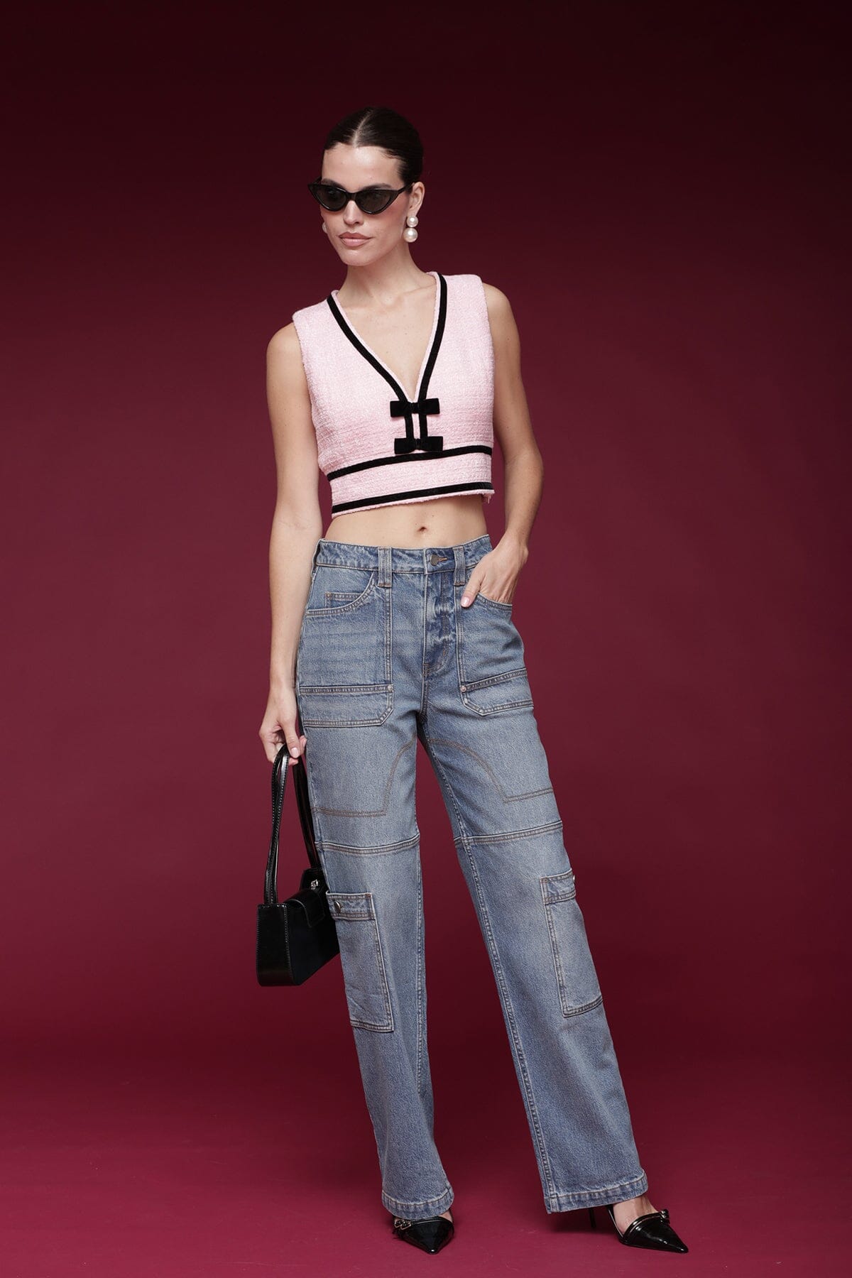 Straight leg carpenter high-rise light indigo cotton cargo jeans with five-pocket styling and button closure - Shop designer cargo jeans by Avec Les Filles