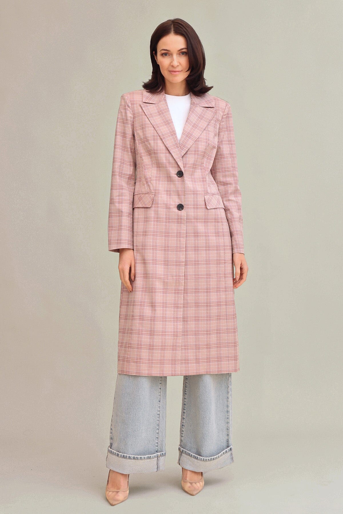 Pink plaid tailored single-breasted coat with shoulder pads, single-breasted and button closure - Cute women's coats & jackets by Avec Les Filles