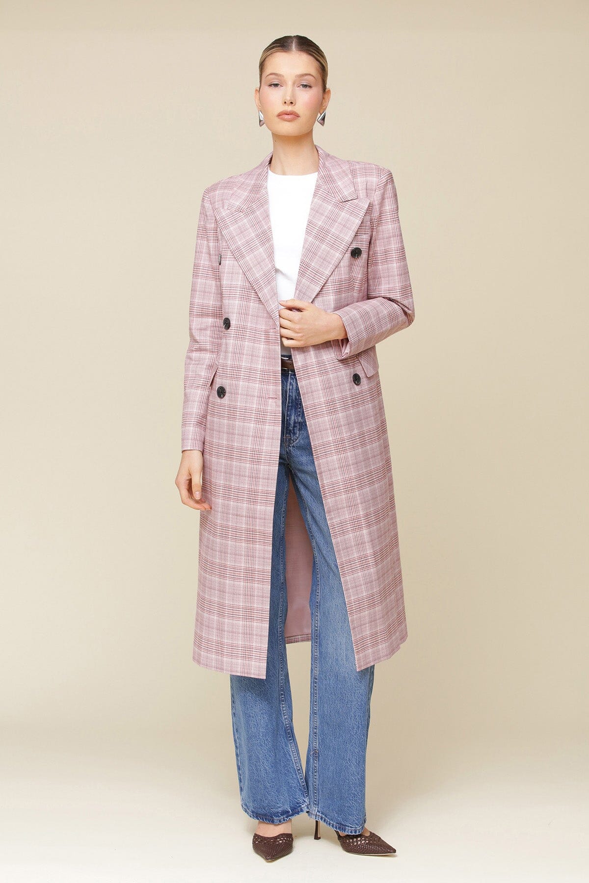 Pink Plaid Tailored Midi Trench Coat with shoulder pads, flap pockets, and a wrinkle-resistant suiting fabric - Cute designer women’s trench coat by Avec Les Filles