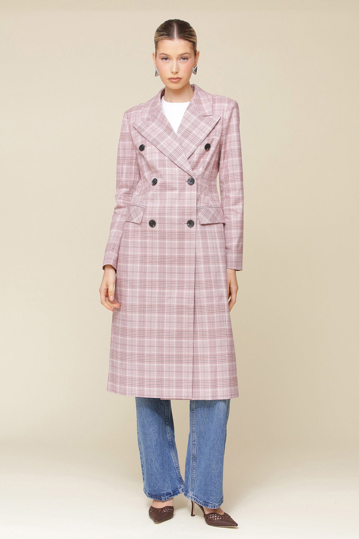 Pink Plaid Tailored Midi Trench Coat with shoulder pads, flap pockets, and a wrinkle-resistant suiting fabric - Cute designer women’s trench coat by Avec Les Filles