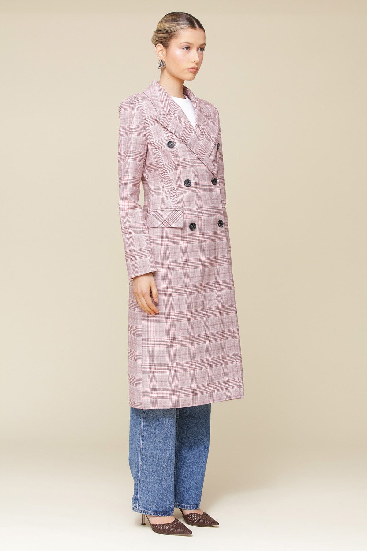 Pink Plaid Tailored Midi Trench Coat with shoulder pads, flap pockets, and a wrinkle-resistant suiting fabric - Cute designer women’s trench coat by Avec Les Filles