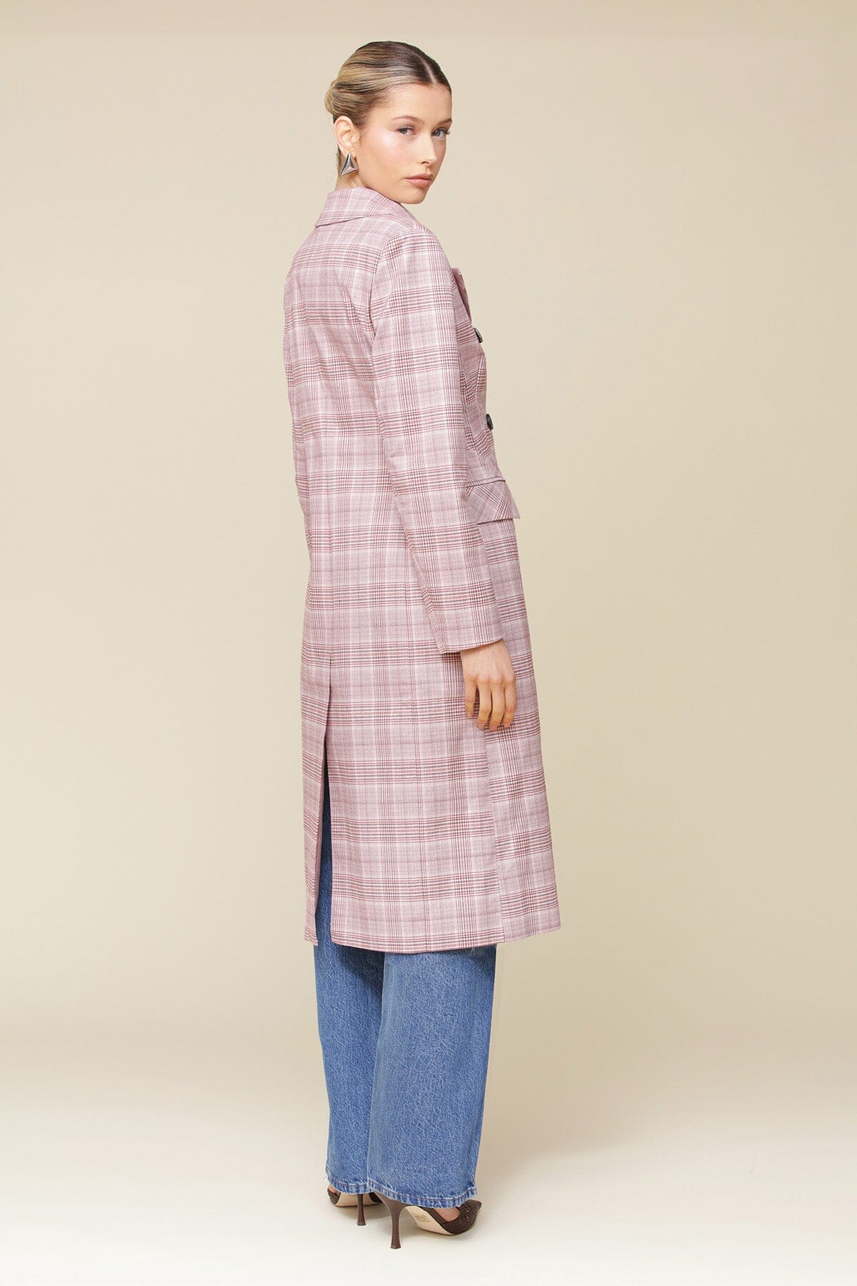 Pink Plaid Tailored Midi Trench Coat with shoulder pads, flap pockets, and a wrinkle-resistant suiting fabric - Cute designer women’s trench coat by Avec Les Filles