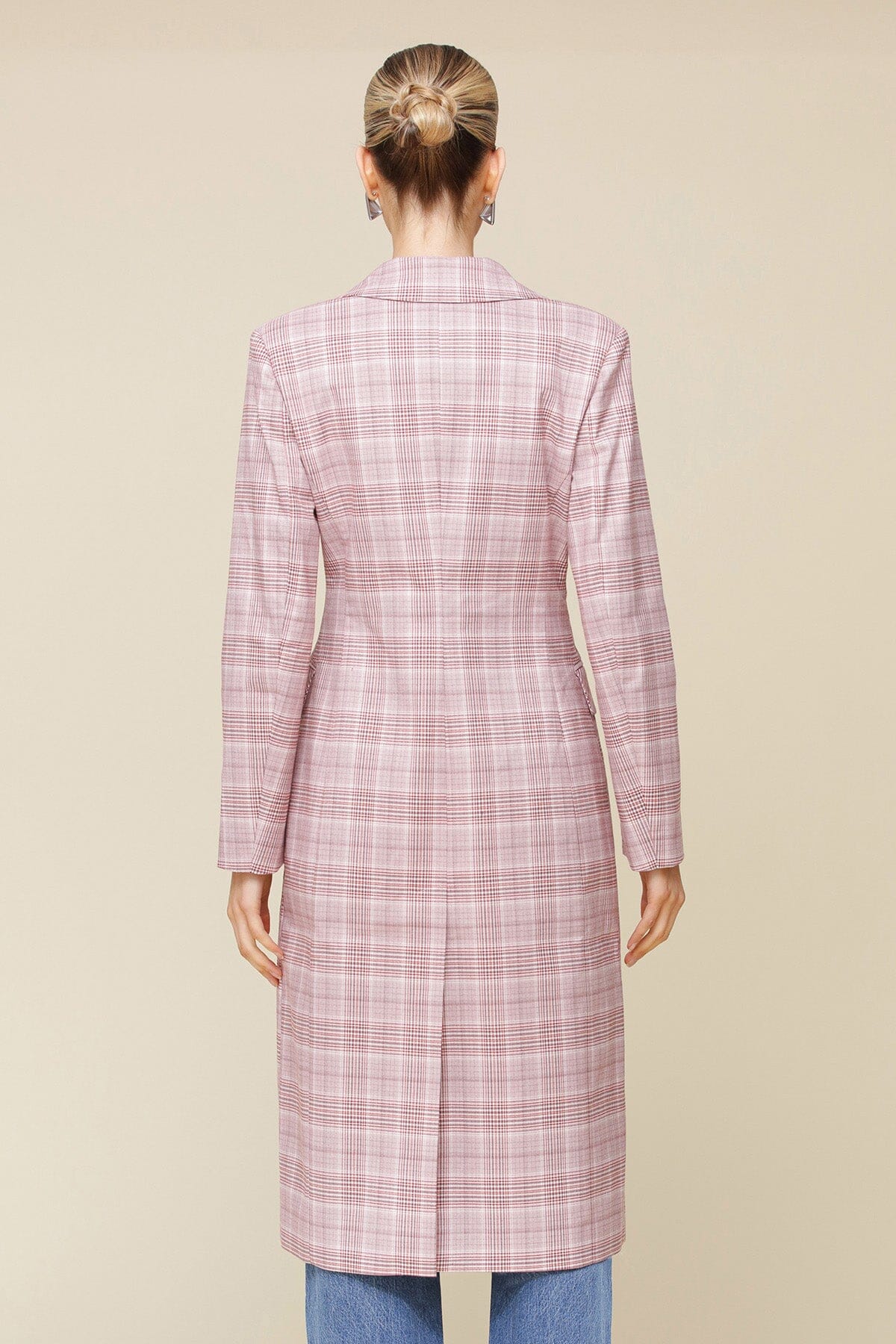 Pink Plaid Tailored Midi Trench Coat with shoulder pads, flap pockets, and a wrinkle-resistant suiting fabric - Cute designer women’s trench coat by Avec Les Filles