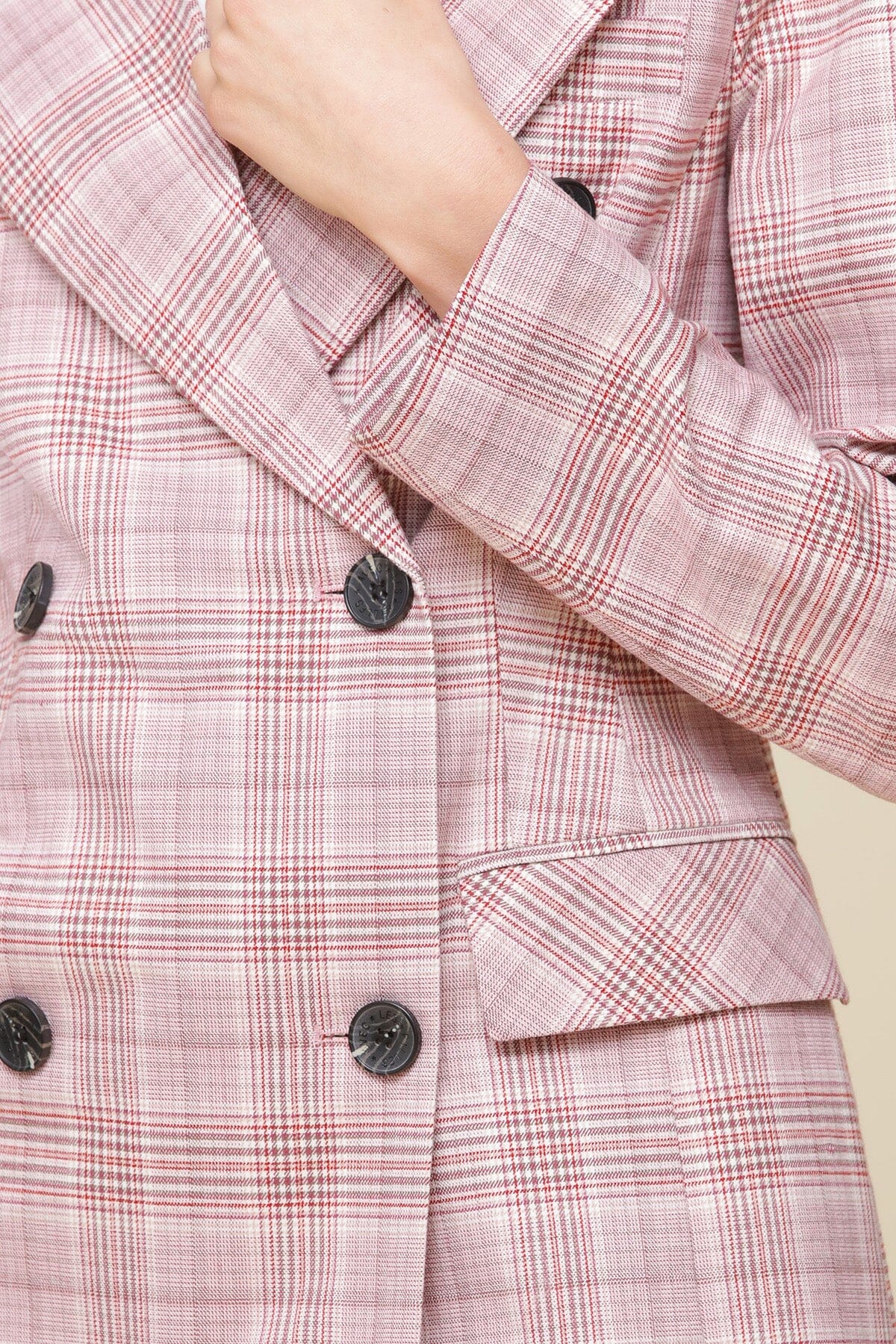 Pink Plaid Tailored Midi Trench Coat with shoulder pads, flap pockets, and a wrinkle-resistant suiting fabric - Cute designer women’s trench coat by Avec Les Filles