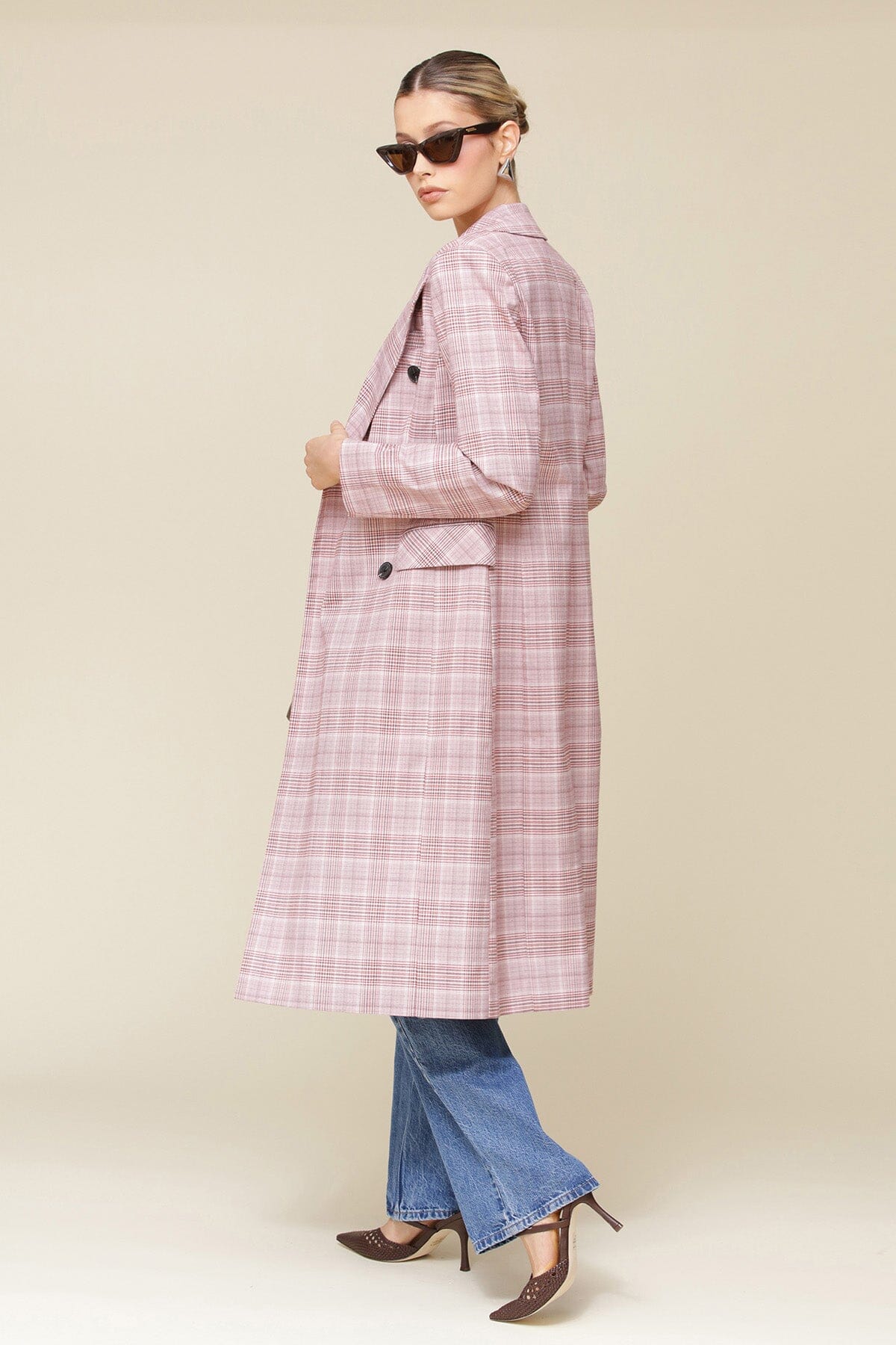 Pink Plaid Tailored Midi Trench Coat with shoulder pads, flap pockets, and a wrinkle-resistant suiting fabric - Cute designer women’s trench coat by Avec Les Filles
