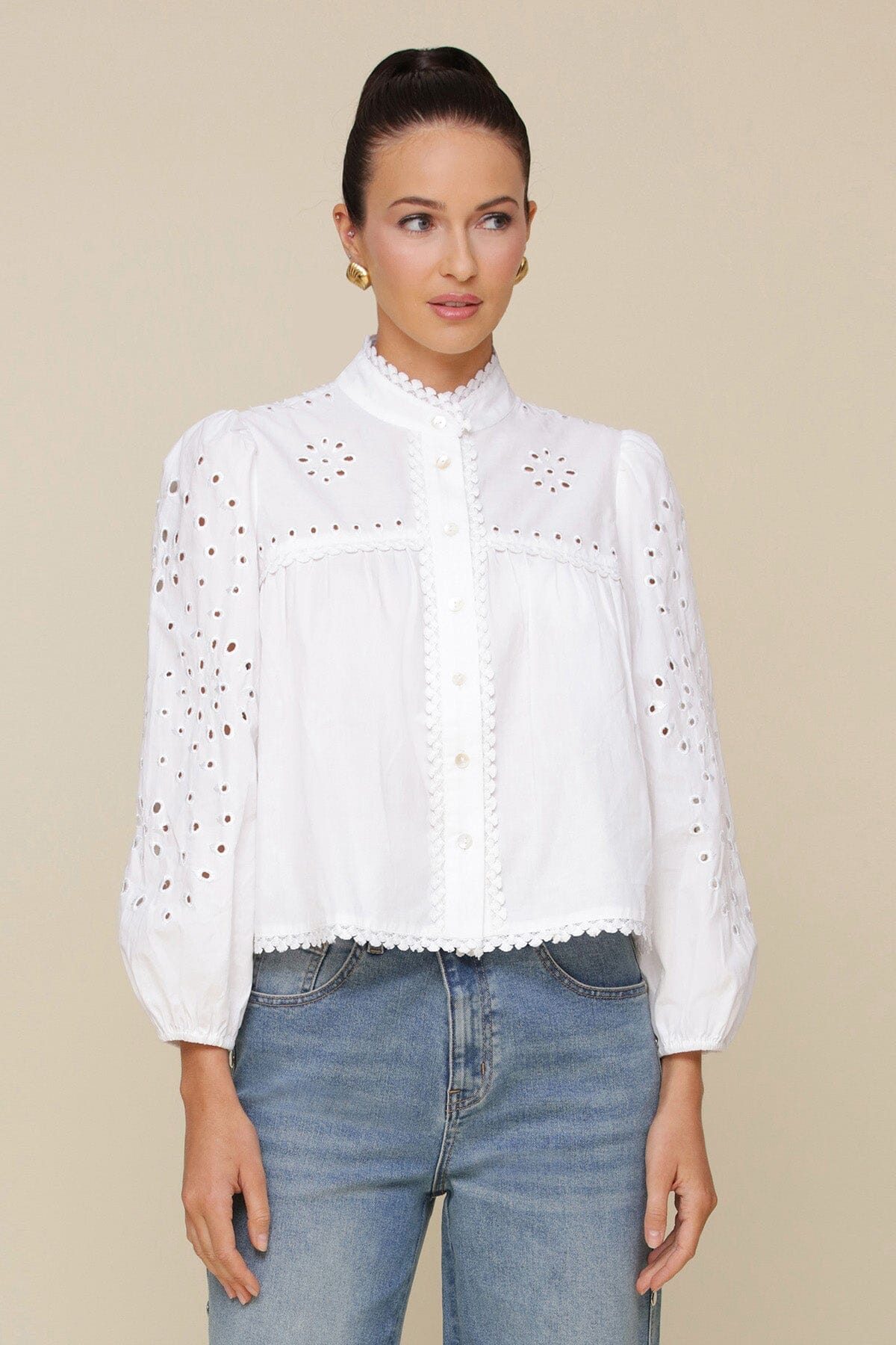 White eyelet embroidery cotton broderie anglaise blouse with long puff sleeves with elastic cuffs and button-front - Cute women's shirts by Avec Les Filles