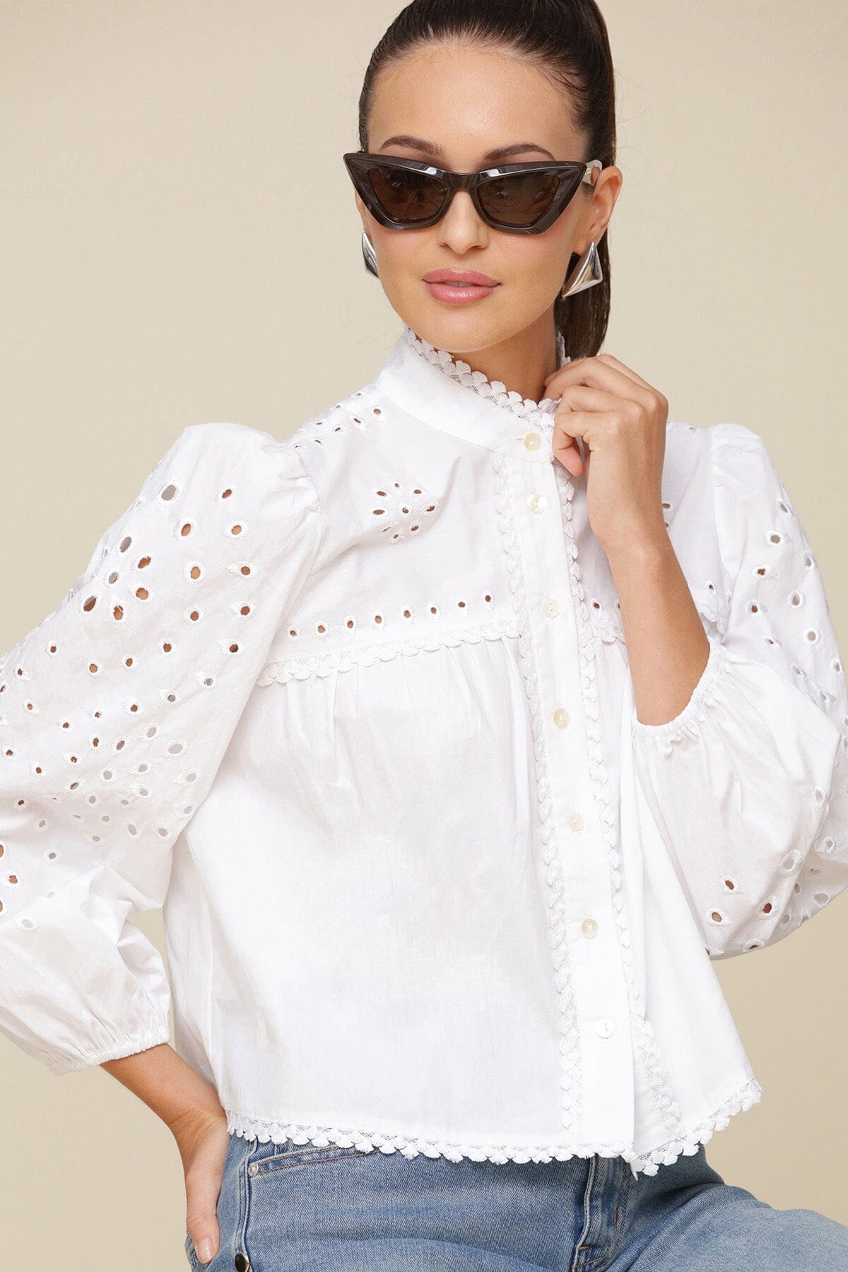 White eyelet embroidery cotton broderie anglaise blouse with long puff sleeves with elastic cuffs and button-front - Cute women's shirts by Avec Les Filles