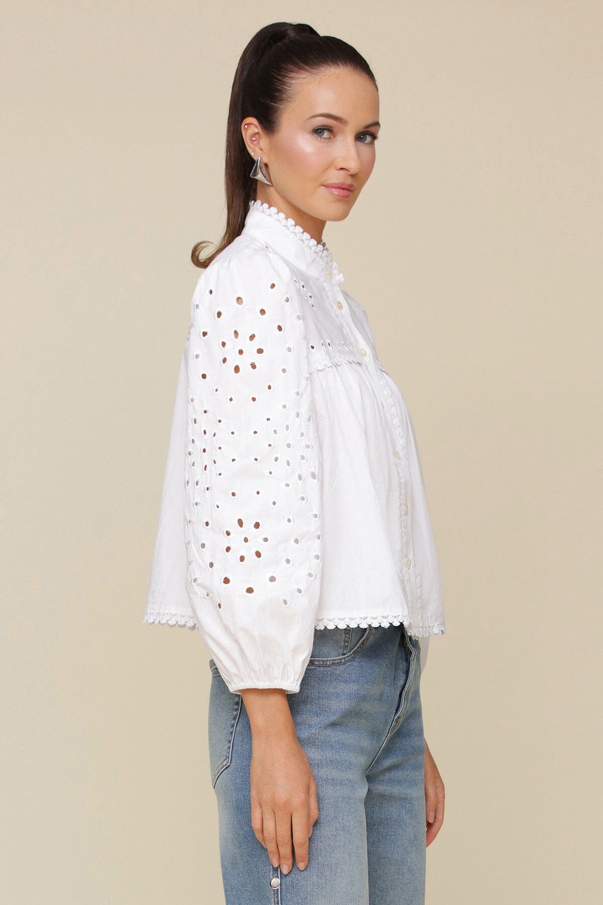 White eyelet embroidery cotton broderie anglaise blouse with long puff sleeves with elastic cuffs and button-front - Cute women's shirts by Avec Les Filles