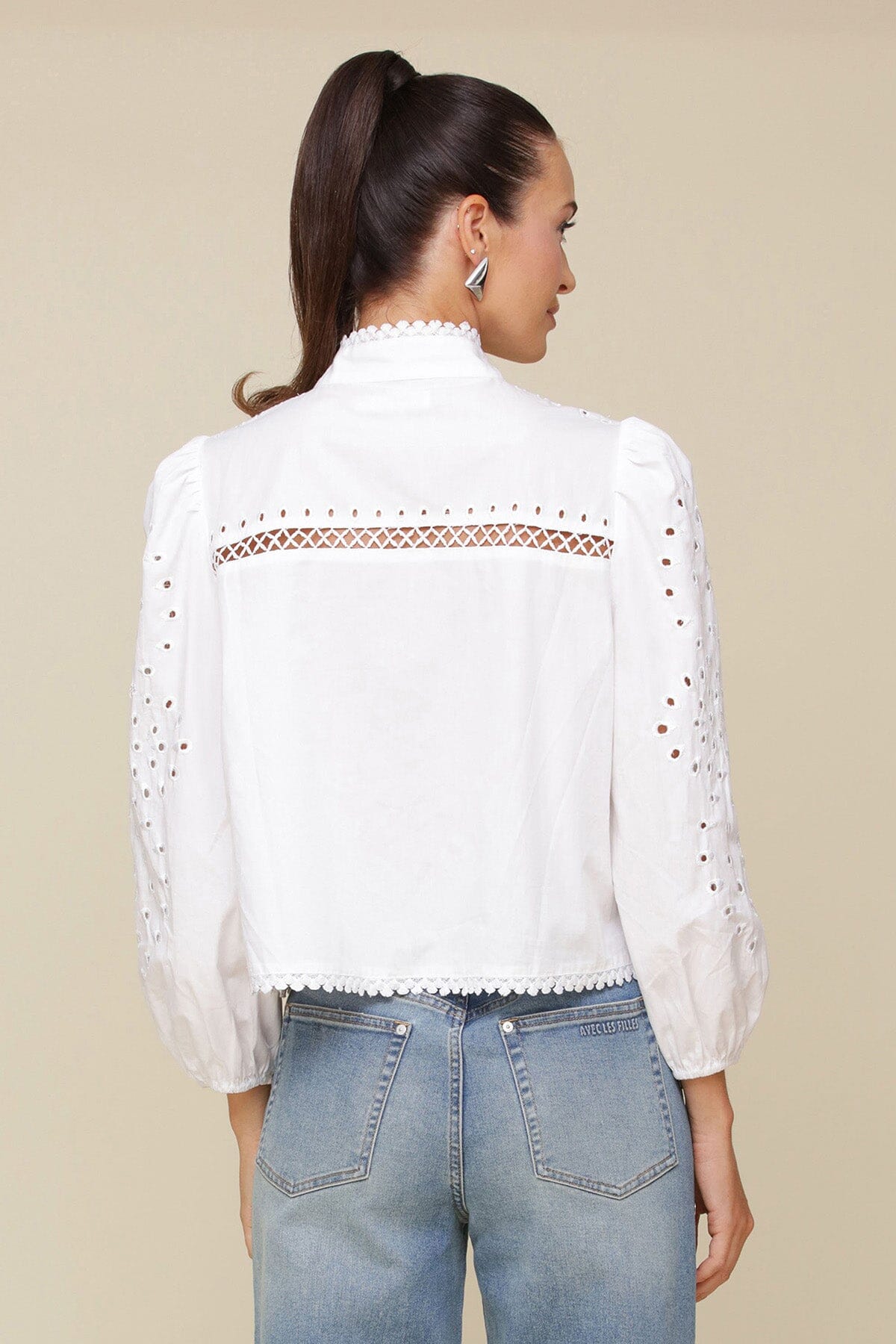 White eyelet embroidery cotton broderie anglaise blouse with long puff sleeves with elastic cuffs and button-front - Cute women's shirts by Avec Les Filles