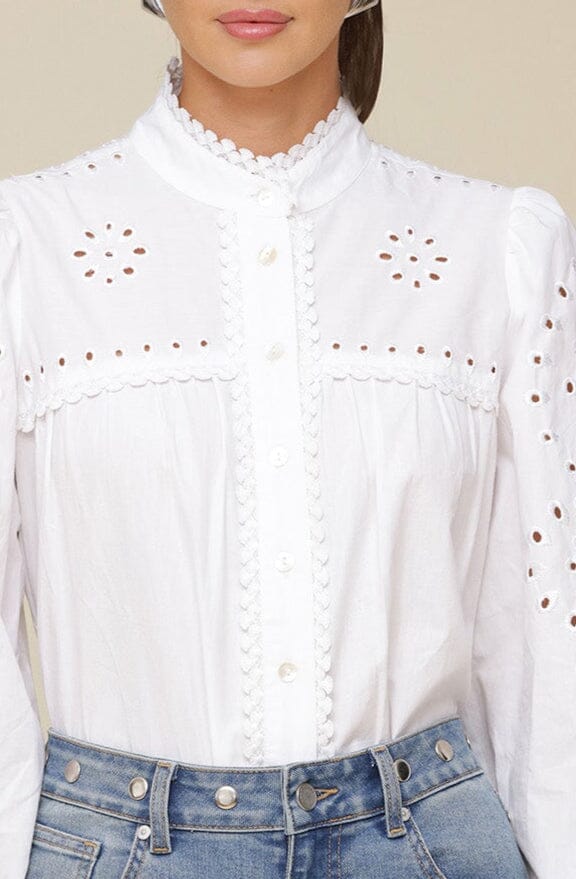 White eyelet embroidery cotton broderie anglaise blouse with long puff sleeves with elastic cuffs and button-front - Cute women's shirts by Avec Les Filles