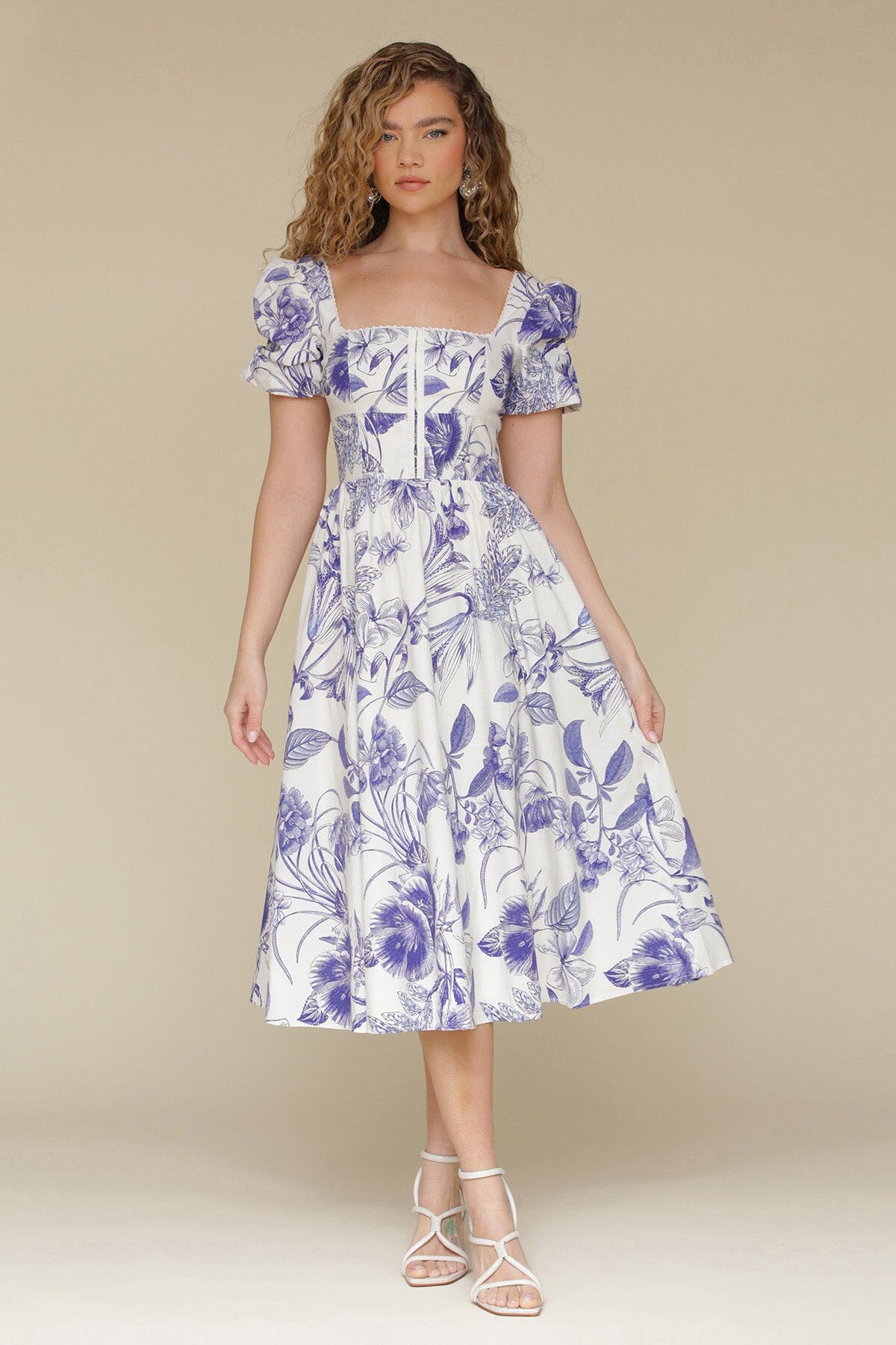 White blue floral cotton puff sleeve midi dress with square neckline, hidden back zipper closure and Back smock panel - Cute women's dresses by Avec Les Filles