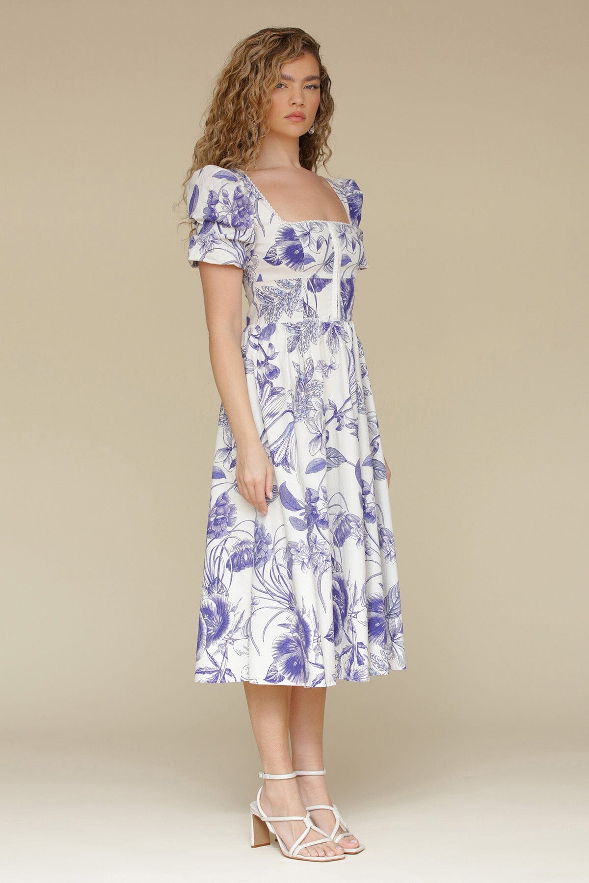 White blue floral cotton puff sleeve midi dress with square neckline, hidden back zipper closure and Back smock panel - Cute women's dresses by Avec Les Filles