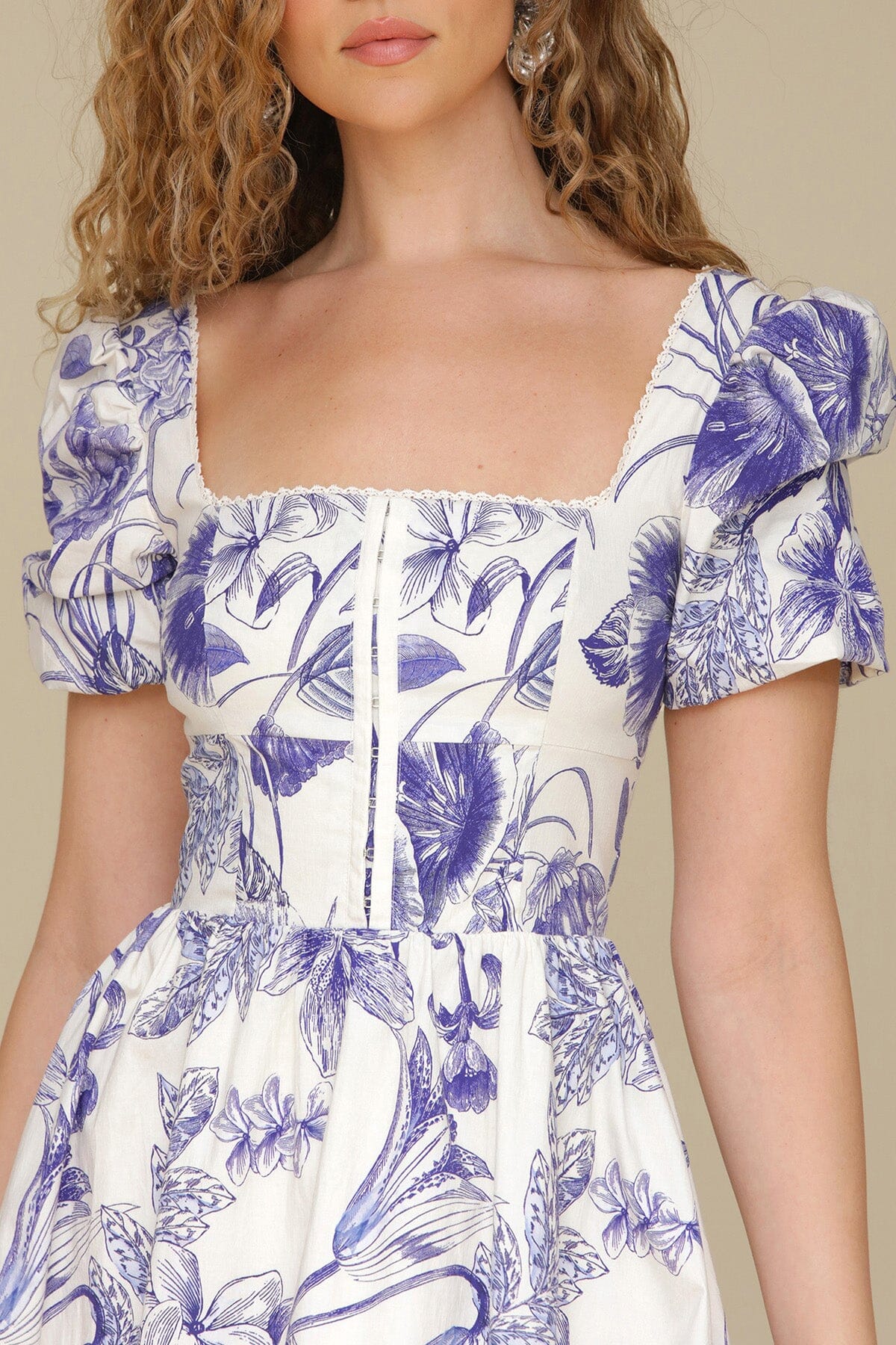 White blue floral cotton puff sleeve midi dress with square neckline, hidden back zipper closure and Back smock panel - Cute women's dresses by Avec Les Filles