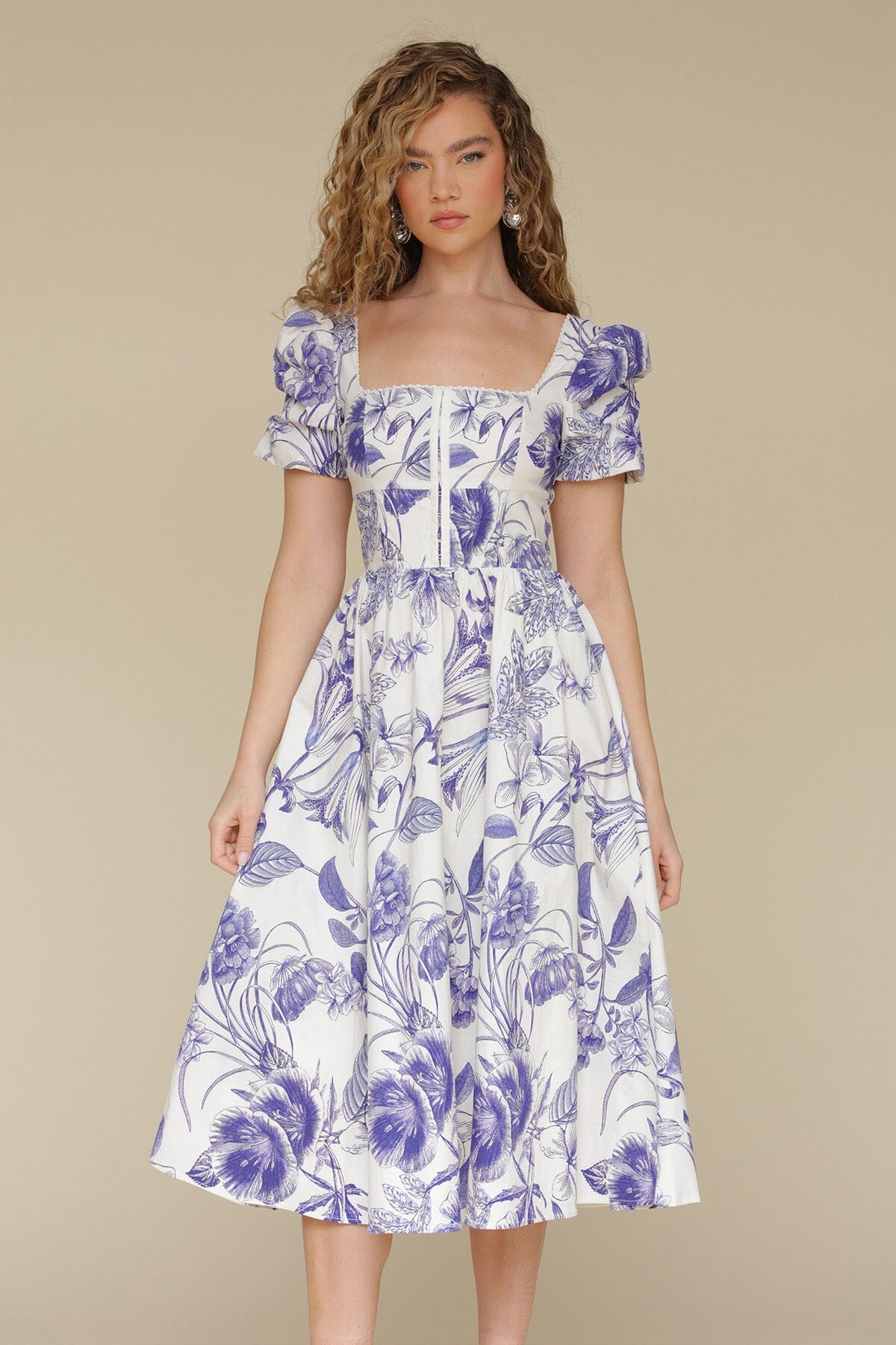 White blue floral cotton puff sleeve midi dress with square neckline, hidden back zipper closure and Back smock panel - Cute women's dresses by Avec Les Filles