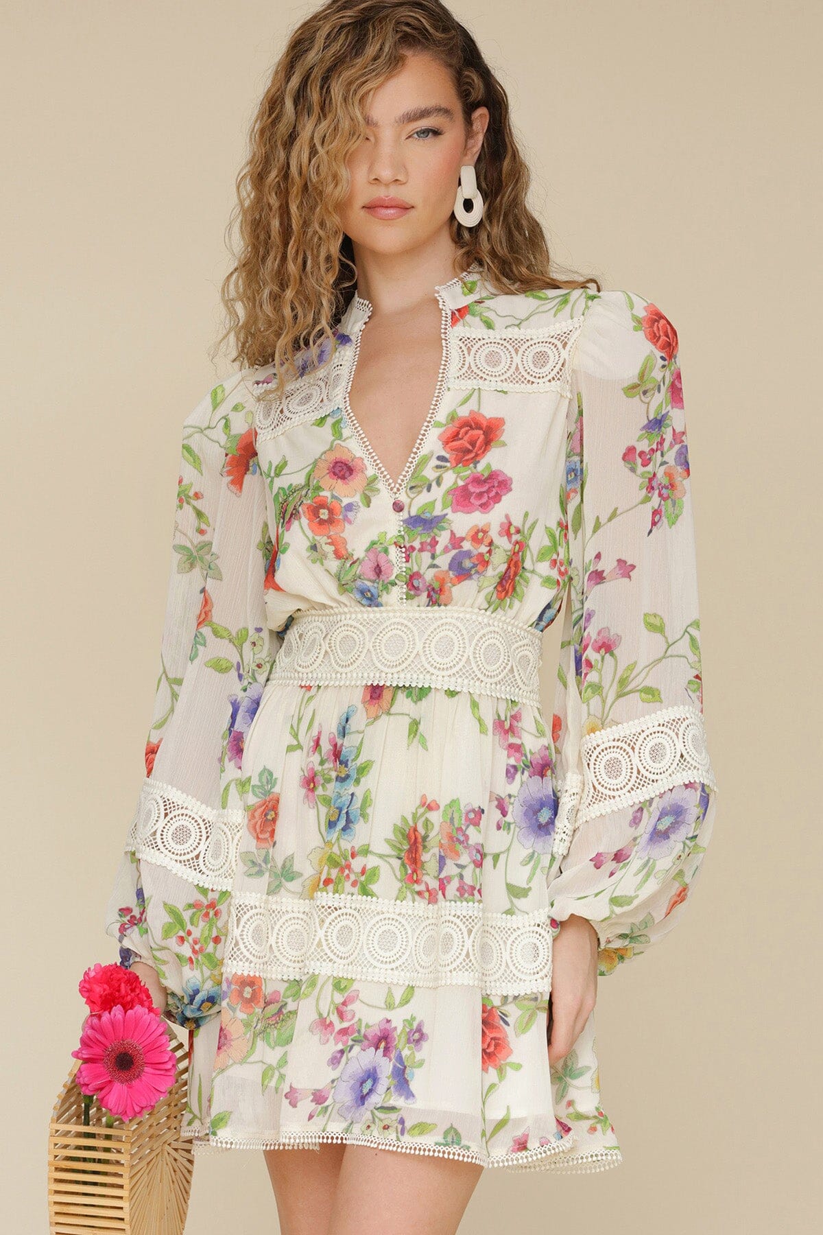 White floral chiffon lace trim long puff sleeves mini dress with V-neck, hidden side zipper closure and fitted waist - Cute women's dresses by Avec Les Filles