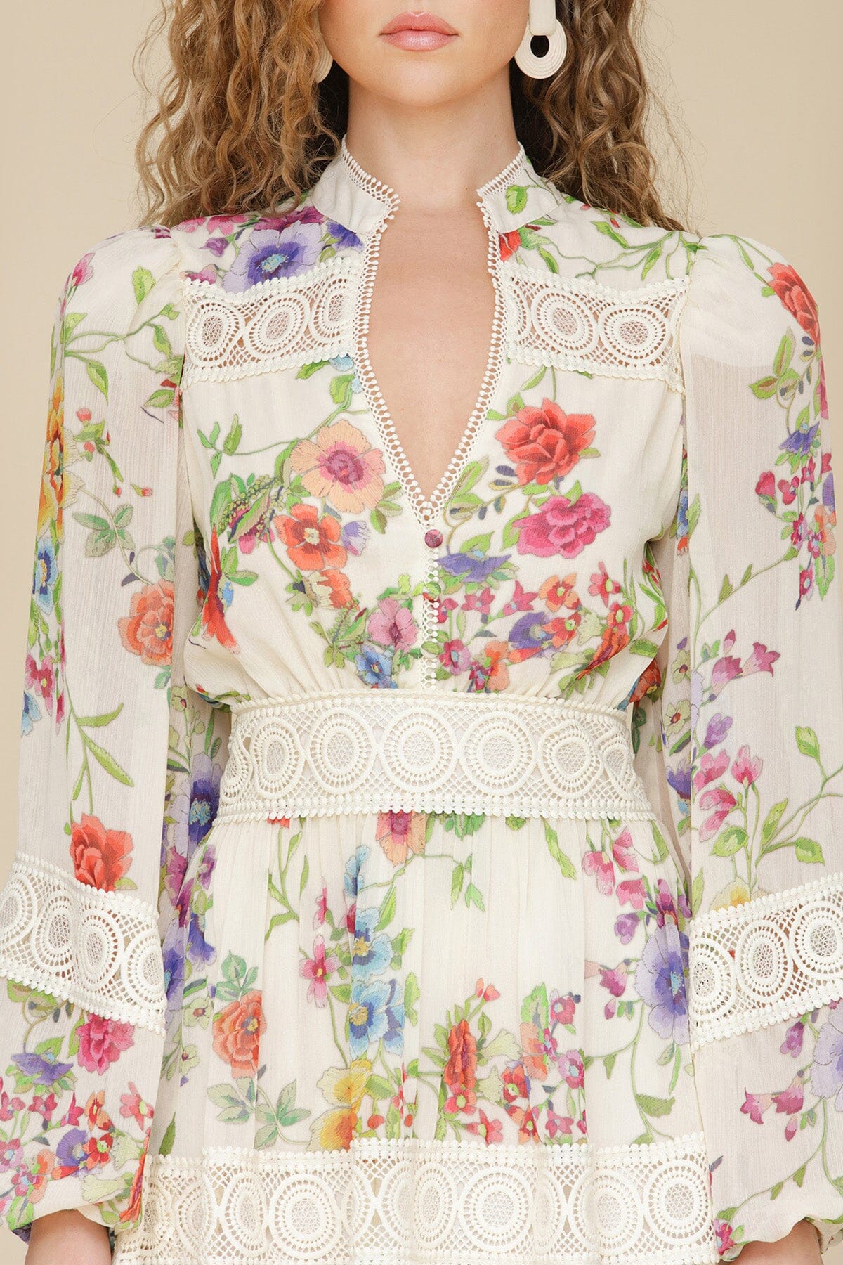 White floral chiffon lace trim long puff sleeves mini dress with V-neck, hidden side zipper closure and fitted waist - Cute women's dresses by Avec Les Filles