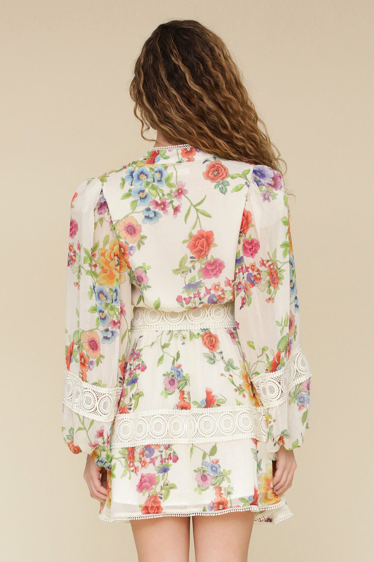 White floral chiffon lace trim long puff sleeves mini dress with V-neck, hidden side zipper closure and fitted waist - Cute women's dresses by Avec Les Filles