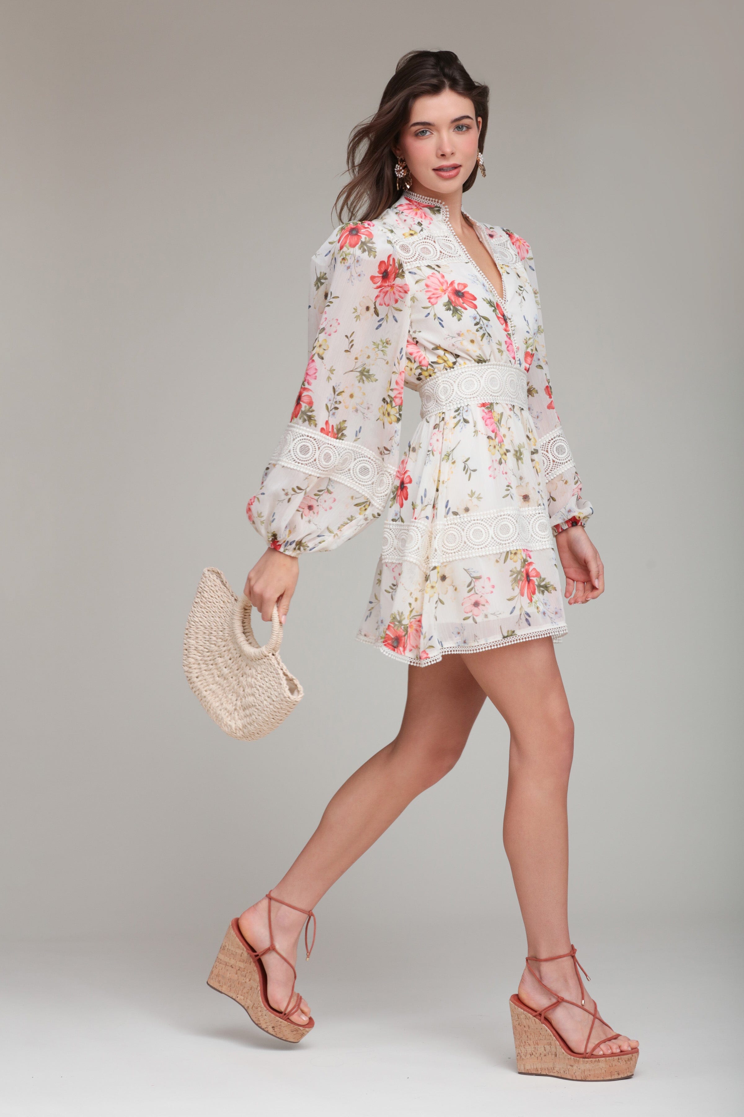 Chiffon cream floral mini dress with a deep V neckline and long blouson sleeves by Avec Les Filles