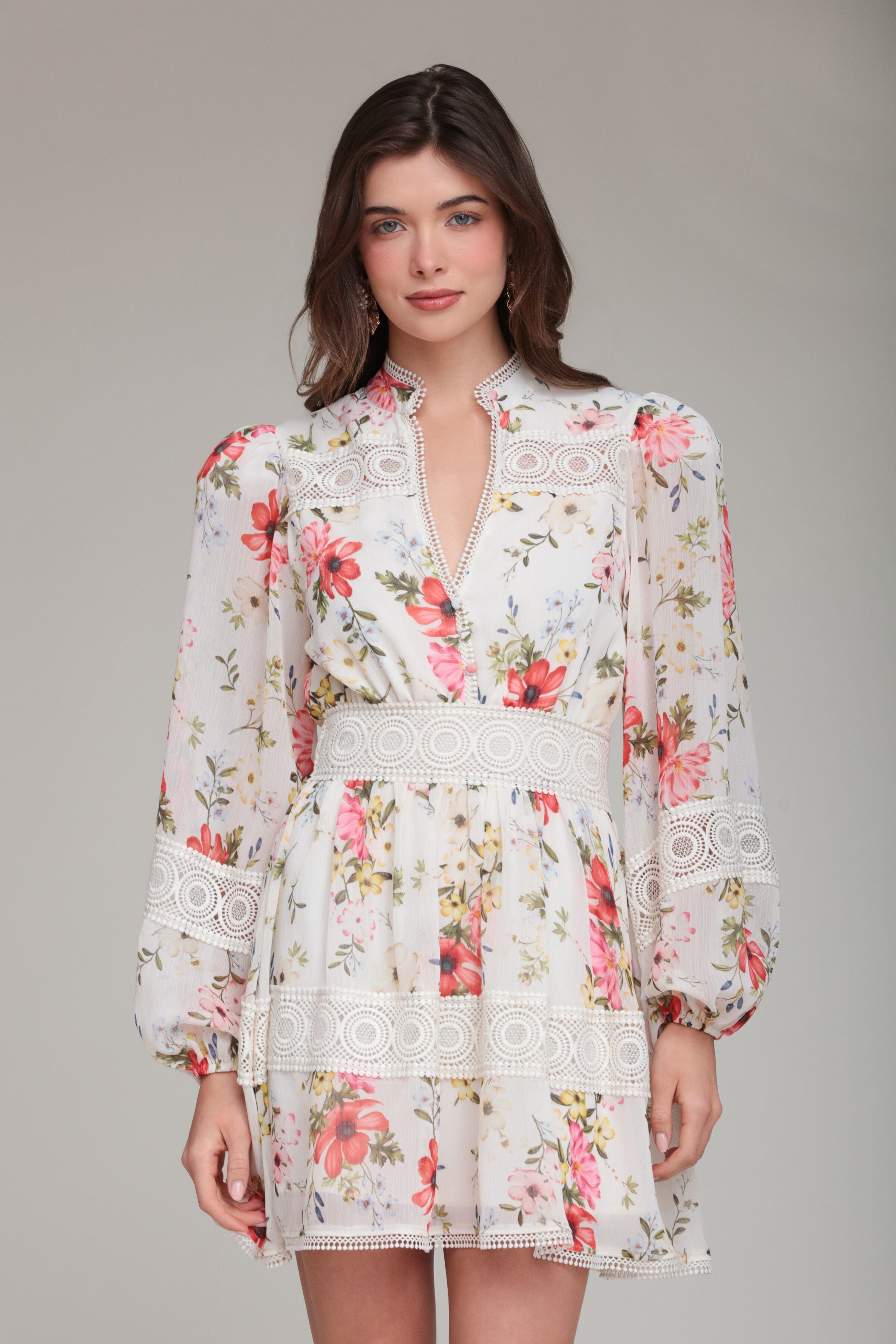 Chiffon Lace Trim Cream Floral Mini Dress Chiffon Lace Trim Cream Floral Mini Dress