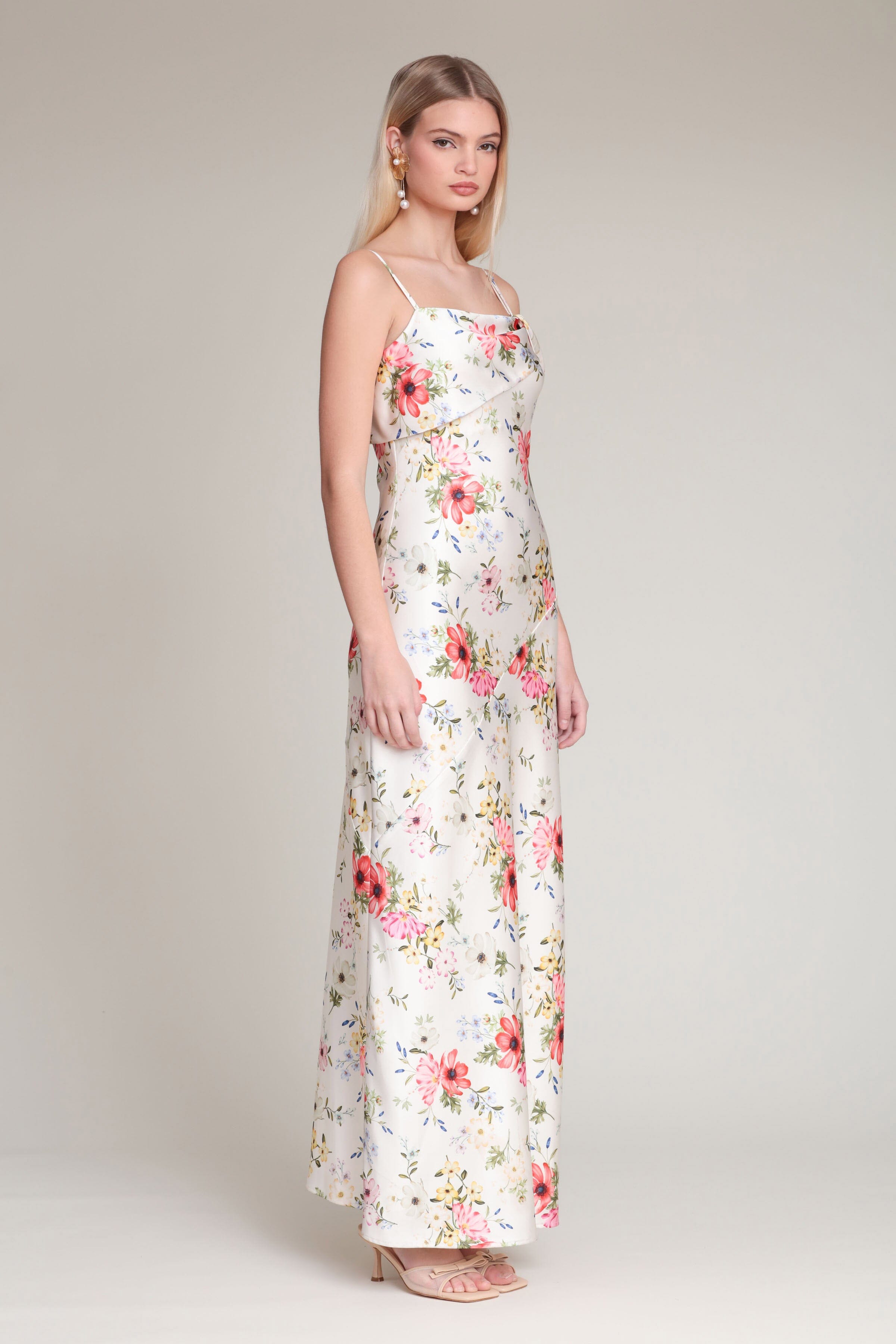 Floral satin maxi dress with adjustable spaghetti straps - Cute women's maxi dresses by Avec Les Filles