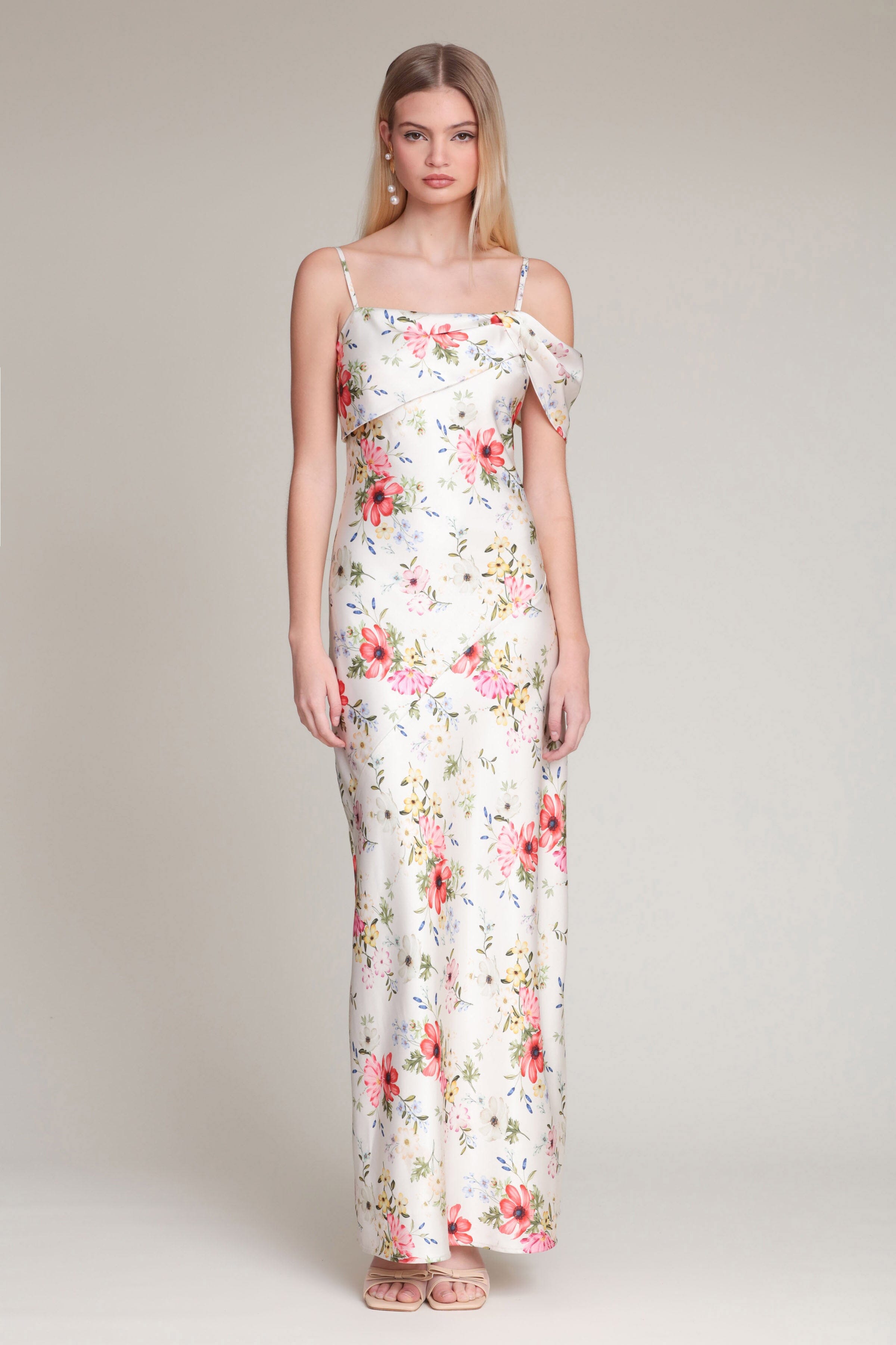 Multicolor satin floral maxi dress with adjustable spaghetti straps and a square neck by Avec Les Filles