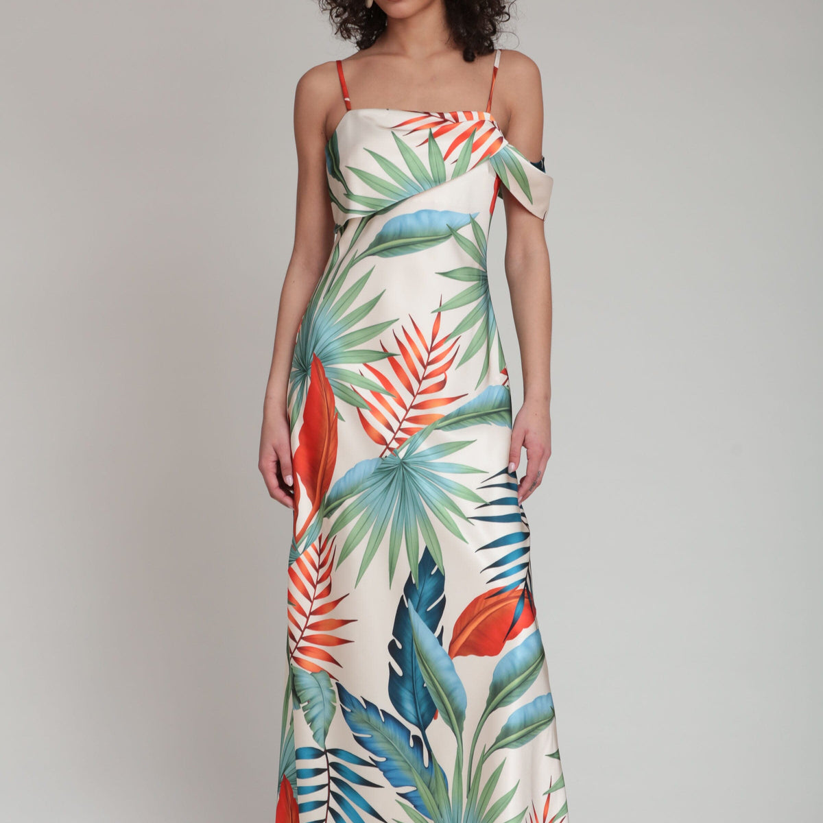 Tropical Bias Cut Multicolor Satin Maxi Dress Birds of Paradise / 2 Tropical Bias Cut Multicolor Satin Maxi Dress Birds of Paradise / 2