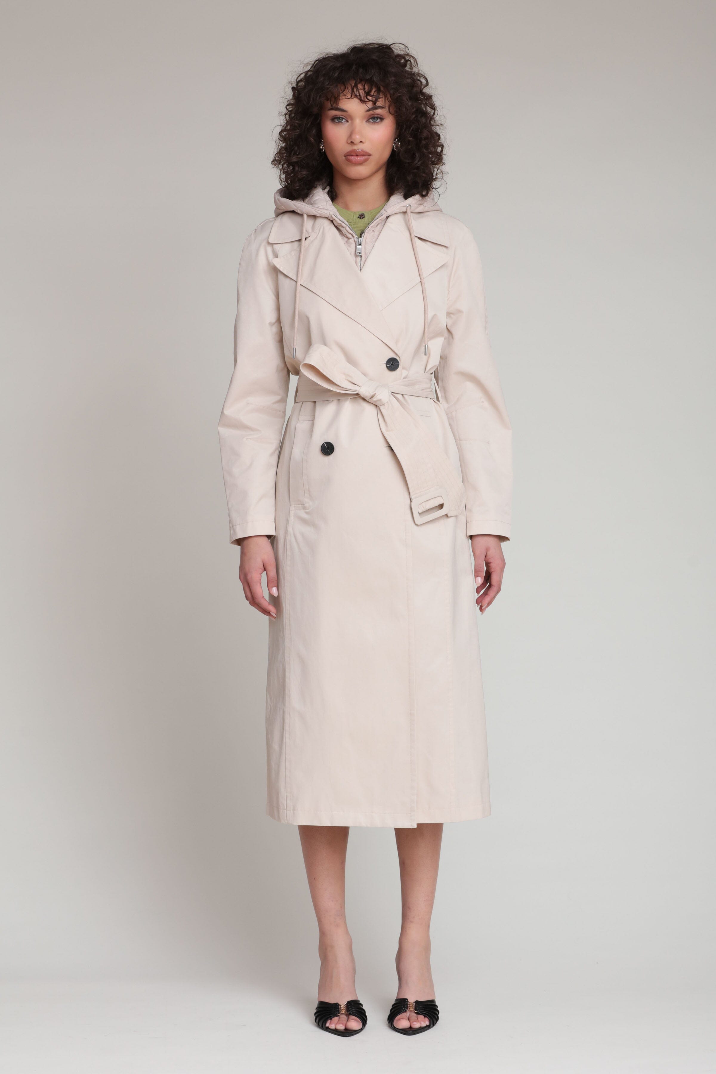 Cotton nylon double-breasted front ivory midi trench coat with waist self-tie belt by Avec Les Filles
