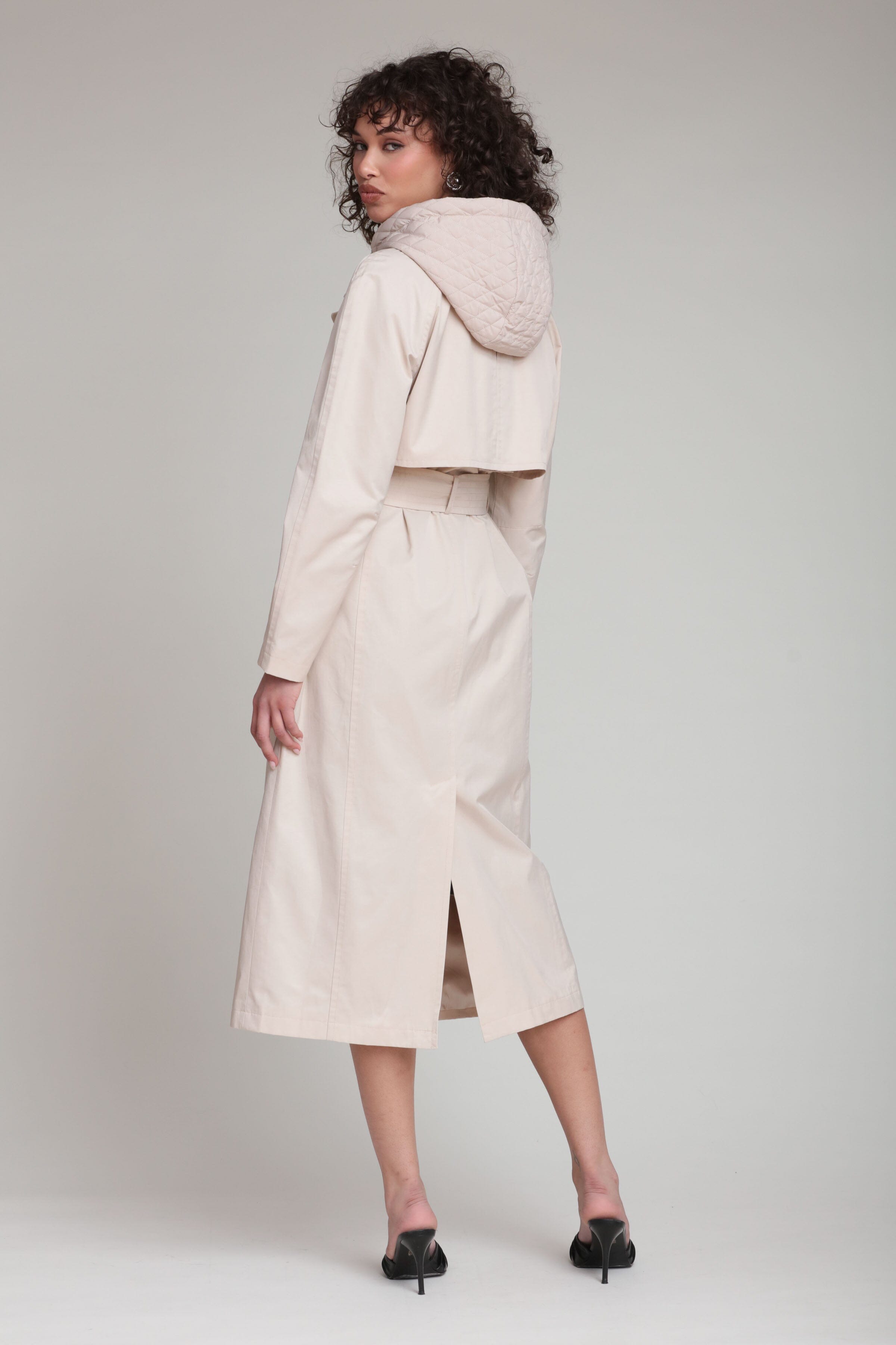 Cotton nylon double-breasted front ivory midi trench coat - Shop designer women's trench coats by Avec Les Filles