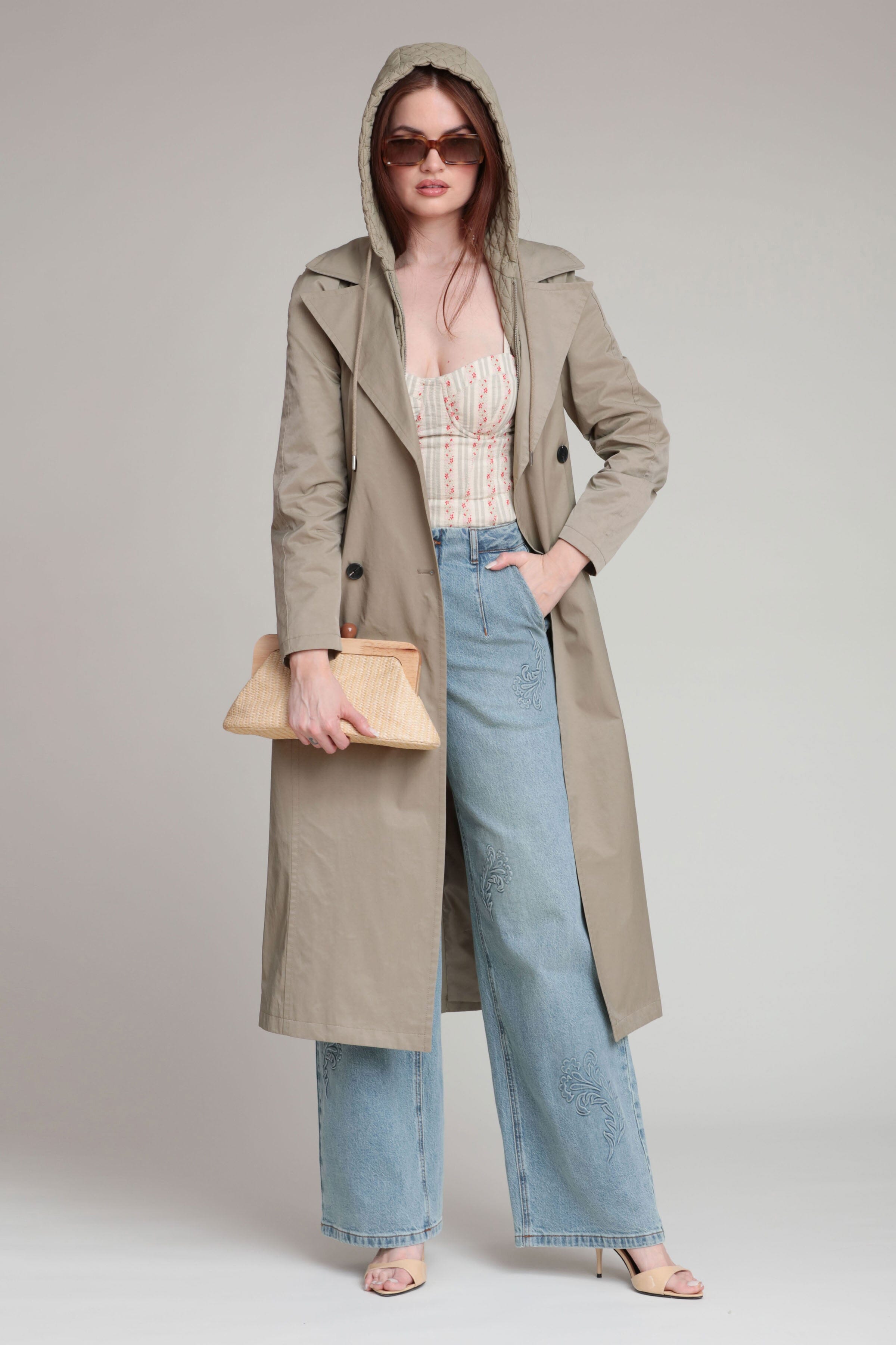 Cotton nylon double-breasted front sage midi trench coat with detachable quilted hooded and waist self-tie belt by Avec Les Filles