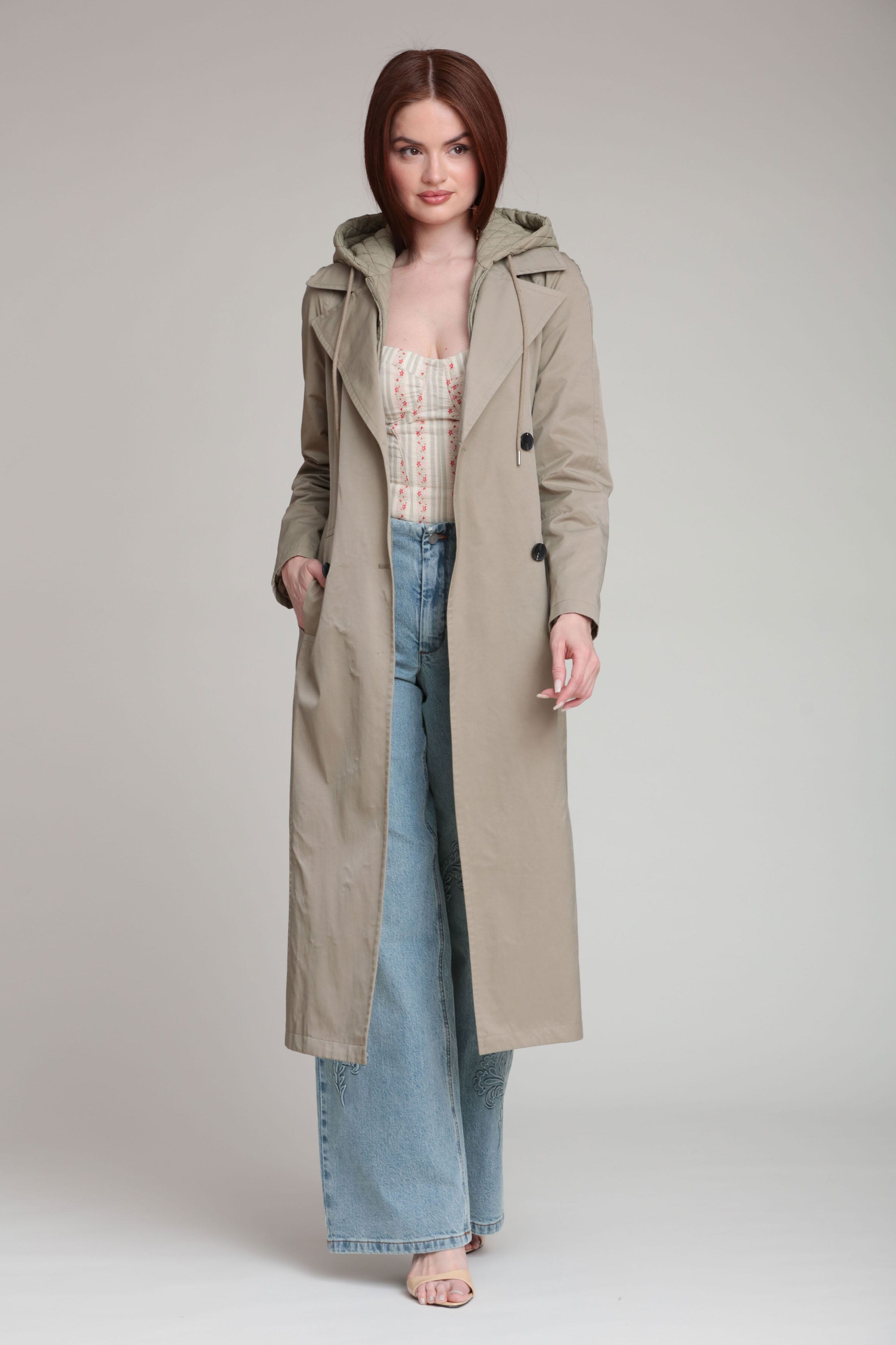 Cotton nylon double-breasted front sage midi trench coat with detachable quilted hooded and waist self-tie belt by Avec Les Filles